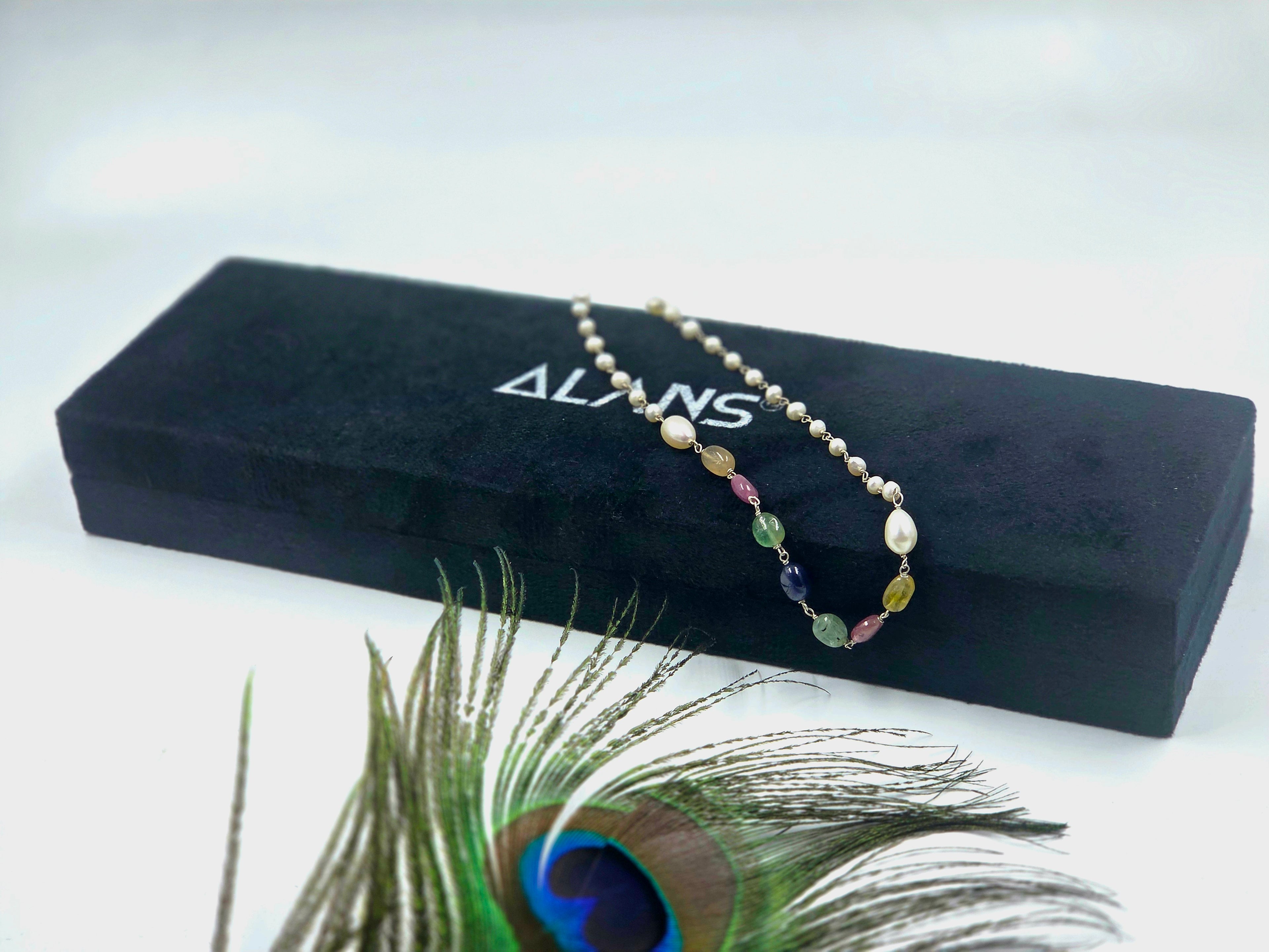 Natural Emerald & Gemstone Mix Necklace with Freshwater Pearls in Sterling Silver