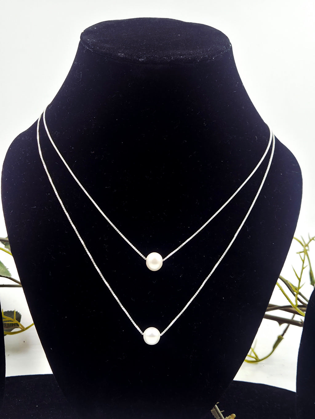 Double-Layer Freshwater Pearl Necklace with Stud Earrings in Sterling Silver