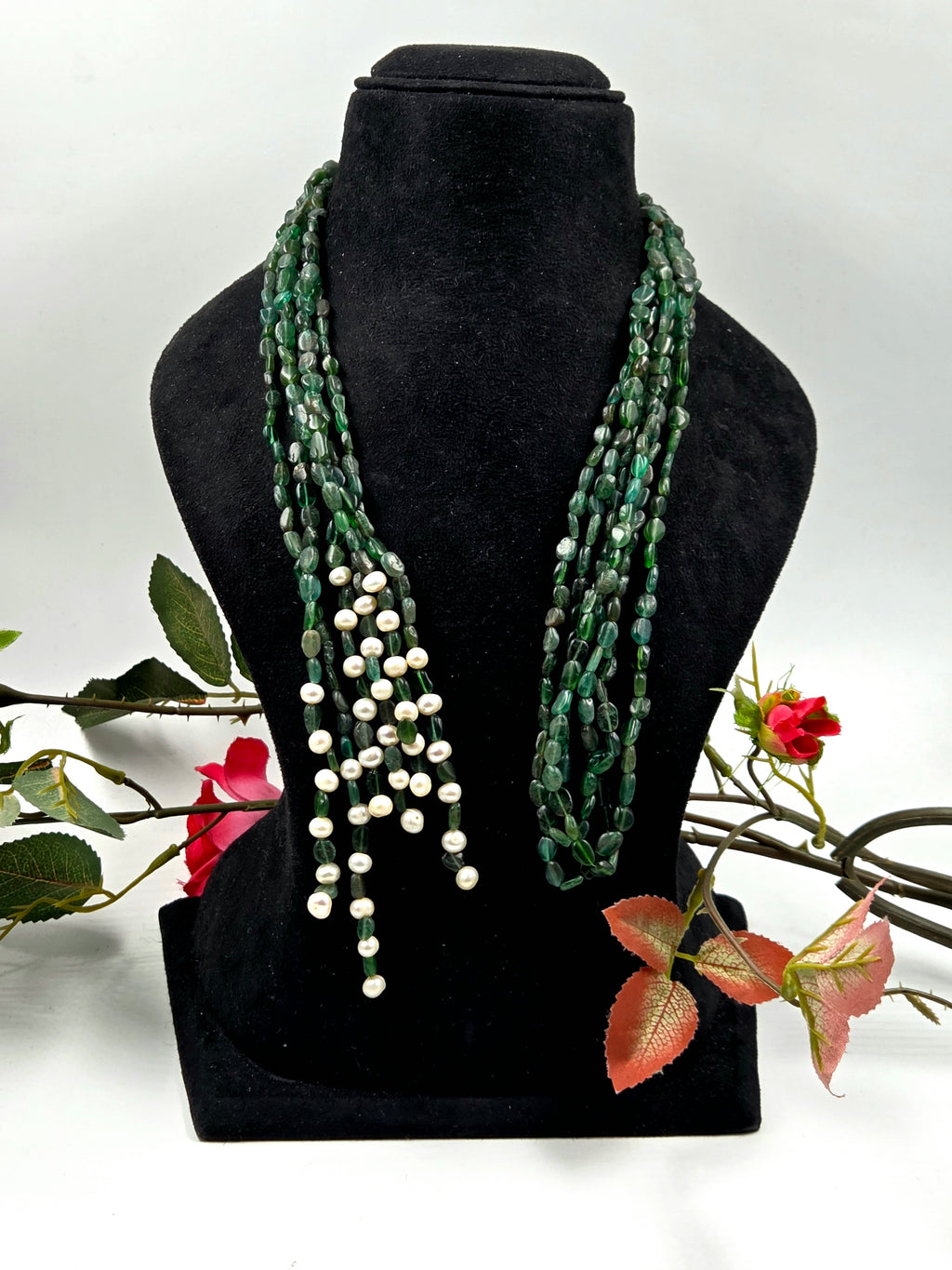 3-Strand Green Aventurine Scarf Necklace with Freshwater Pearls