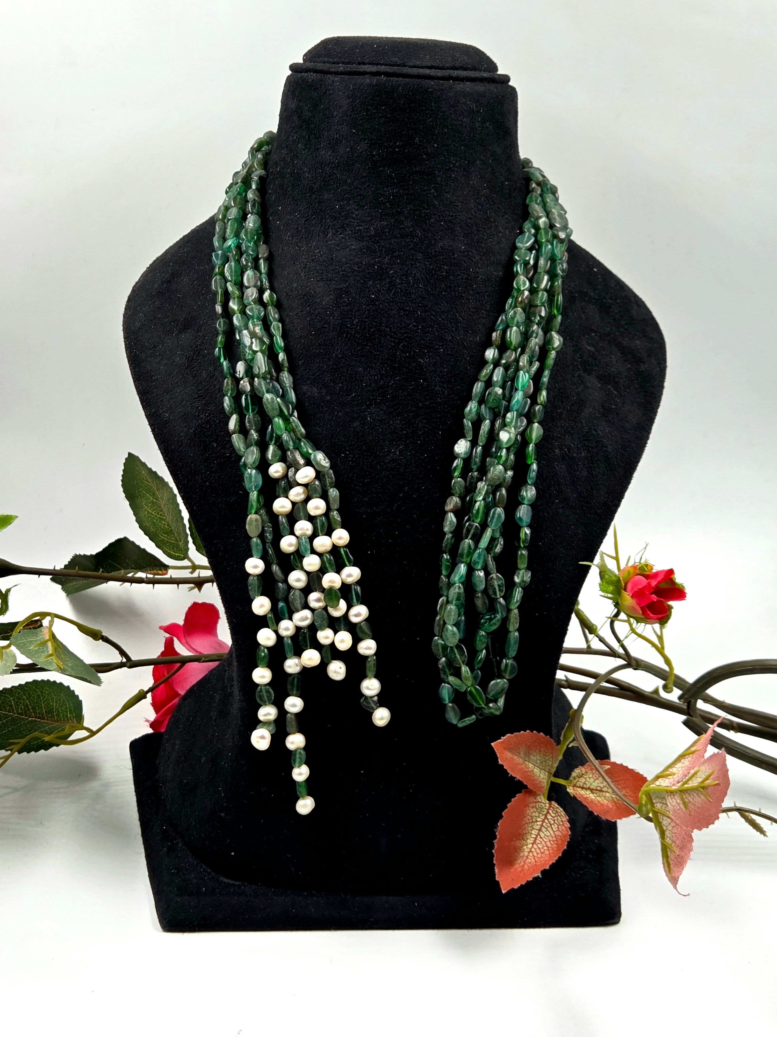 3-Strand Green Aventurine Scarf Necklace with Freshwater Pearls