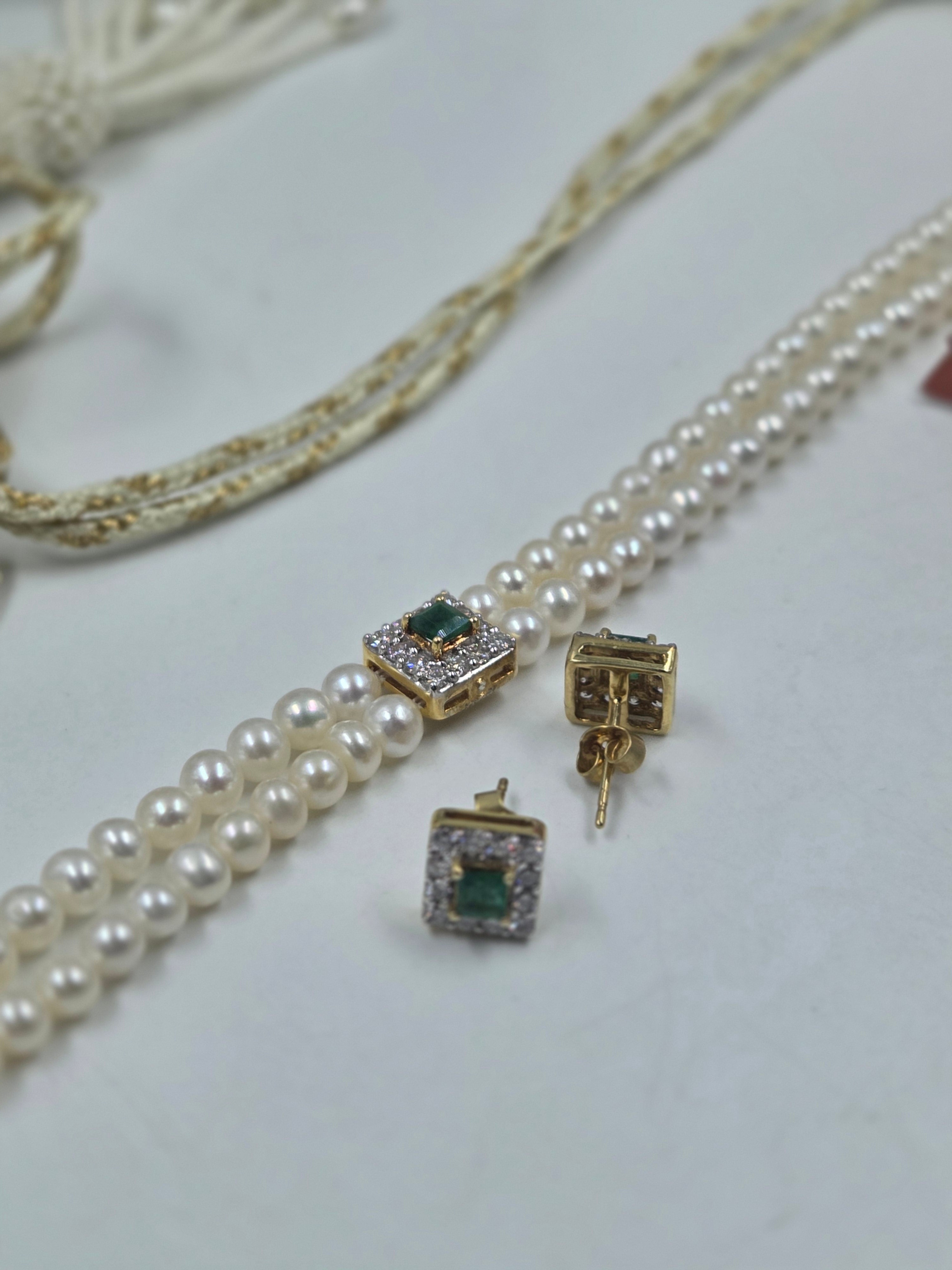 Lab-Grown Diamond & Natural Emerald Freshwater Pearl Choker Set with Earrings in Sterling Silver