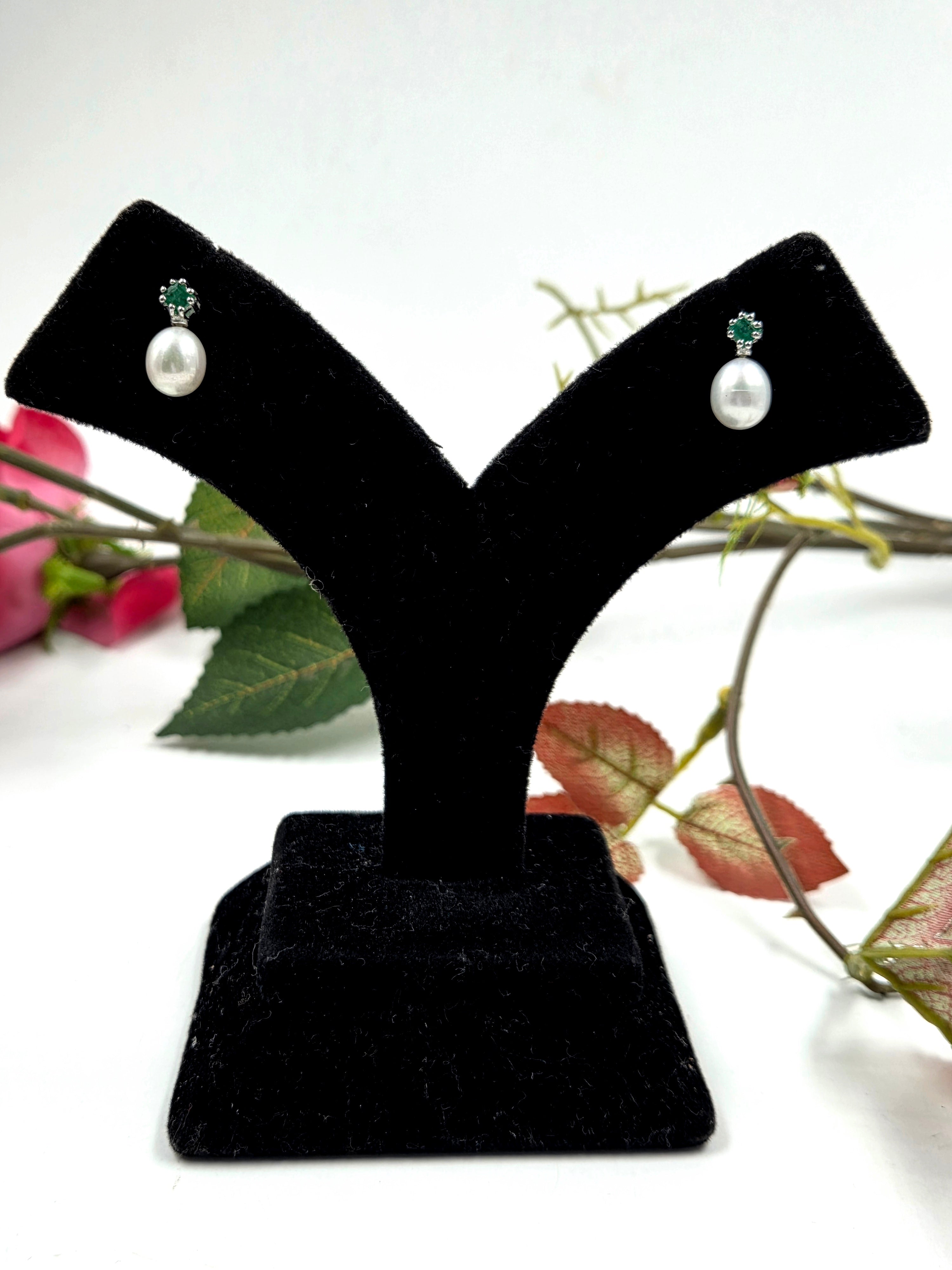 Natural Emerald & Freshwater Pearl Sterling Silver Earrings