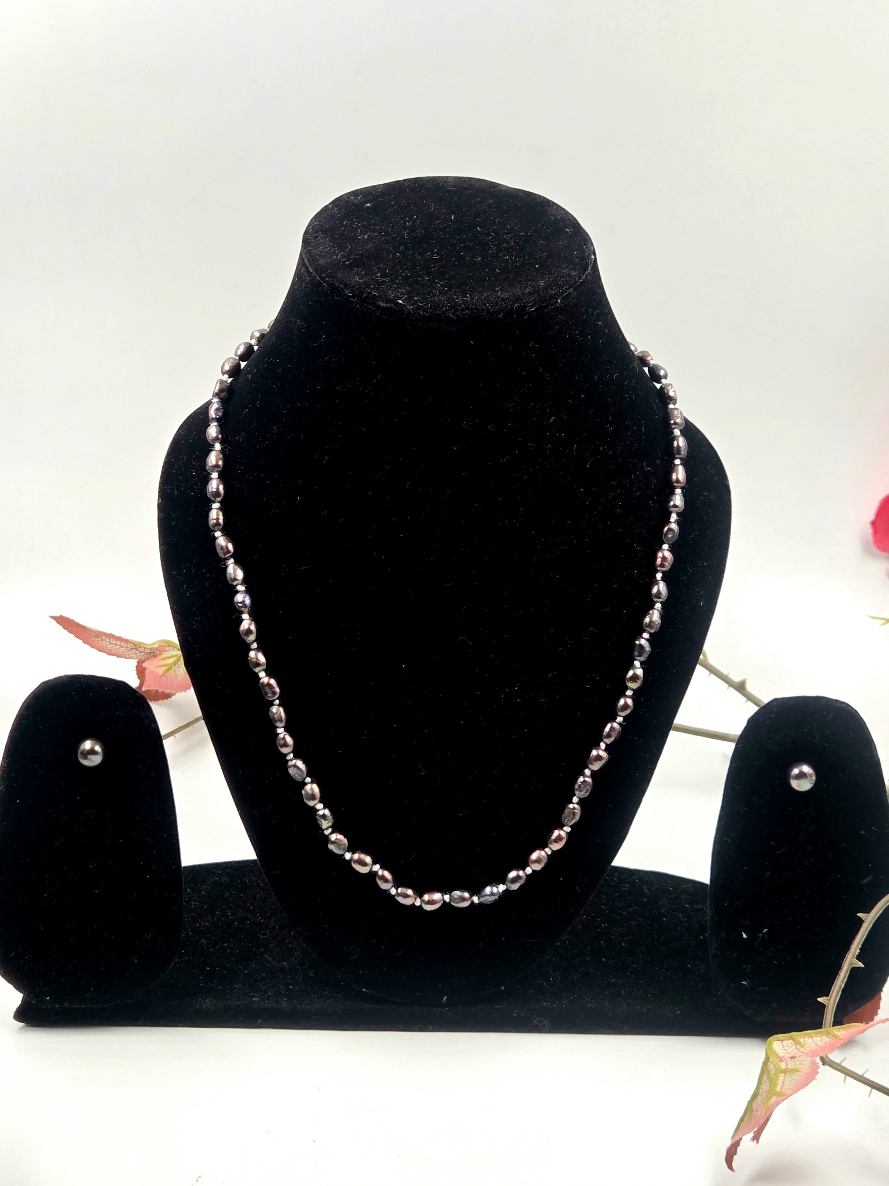 Black Dyed Freshwater Pearl Necklace Set with Studs & Bracelet in Sterling Silver