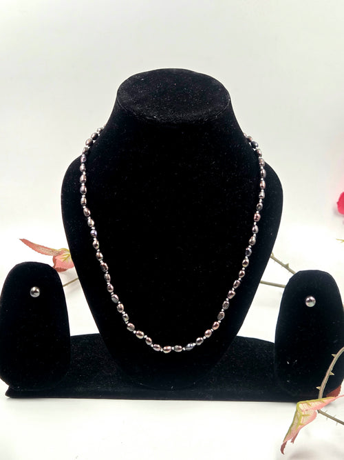 Black Dyed Freshwater Pearl Necklace Set with Studs & Bracelet in Sterling Silver