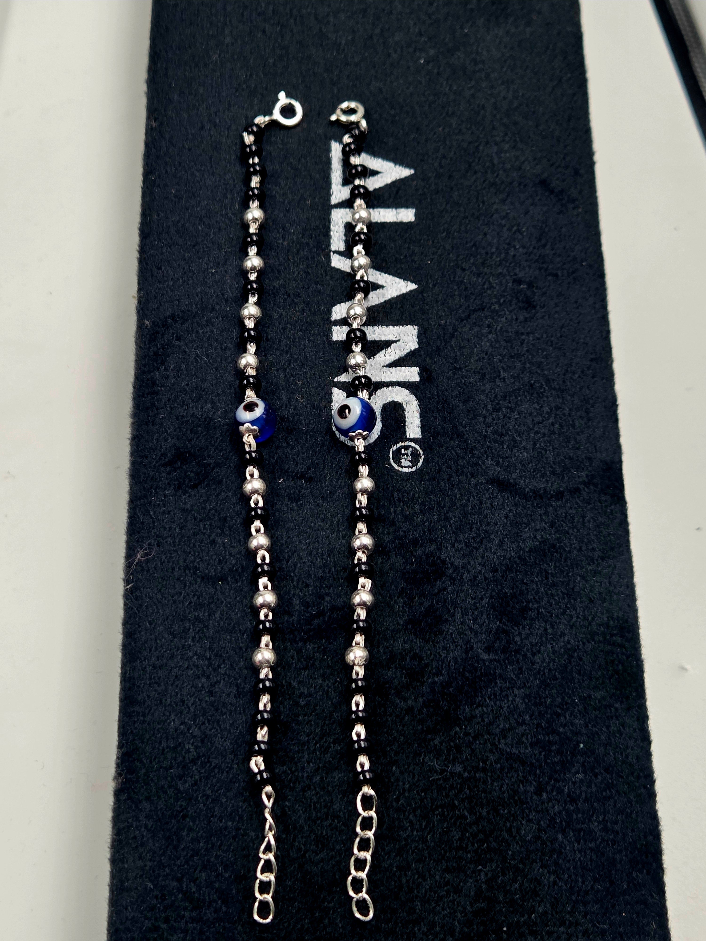 925 Sterling Silver Evil Eye Black Beads Anklet Pair – 6 Inches Each
