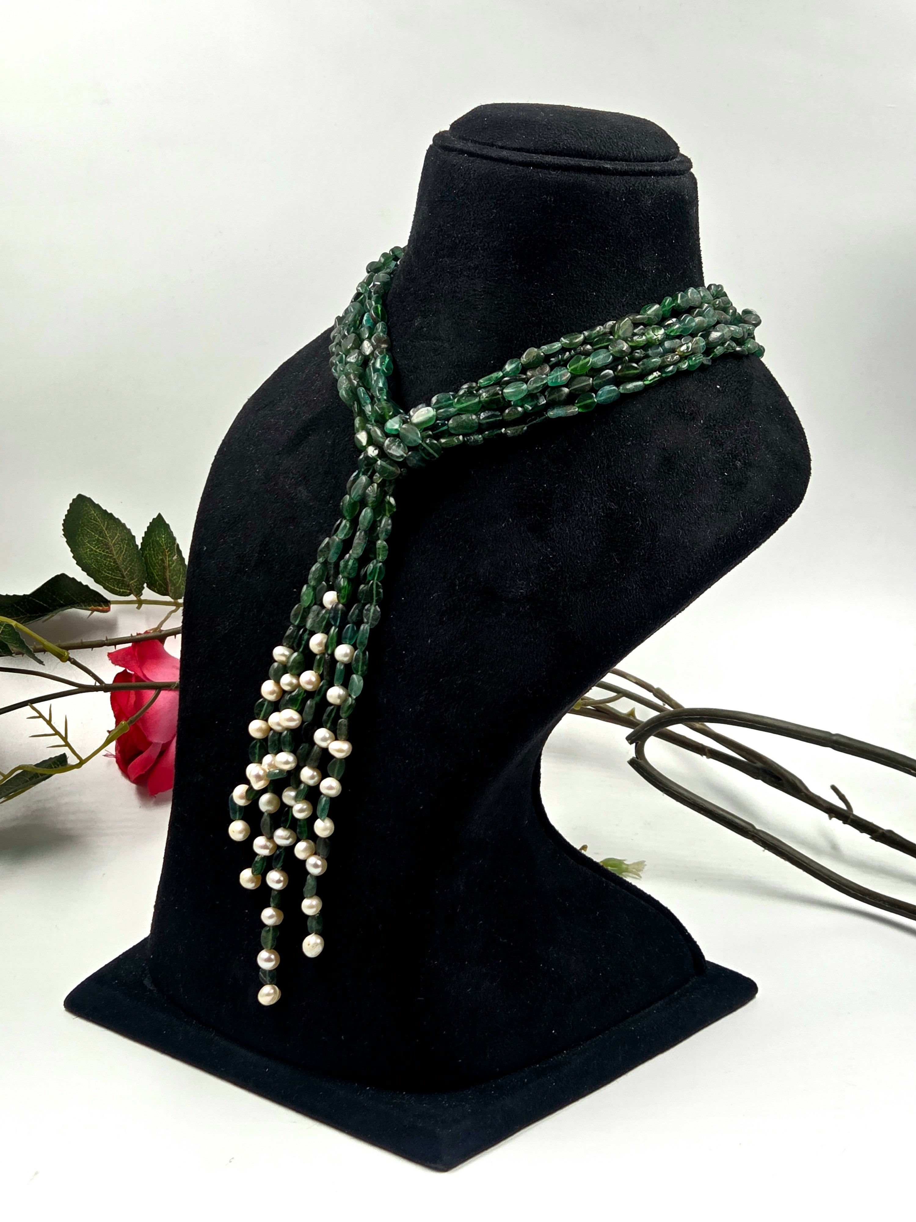3-Strand Green Aventurine Scarf Necklace with Freshwater Pearls