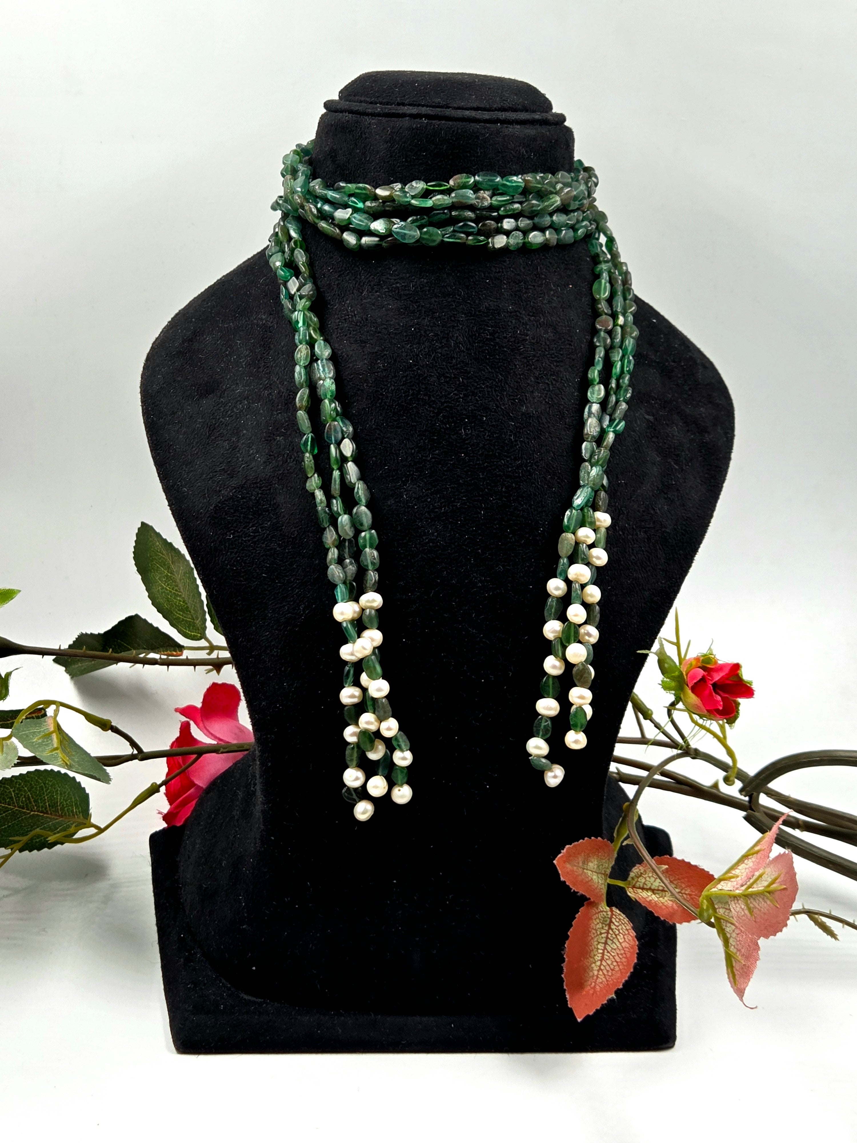 3-Strand Green Aventurine Scarf Necklace with Freshwater Pearls