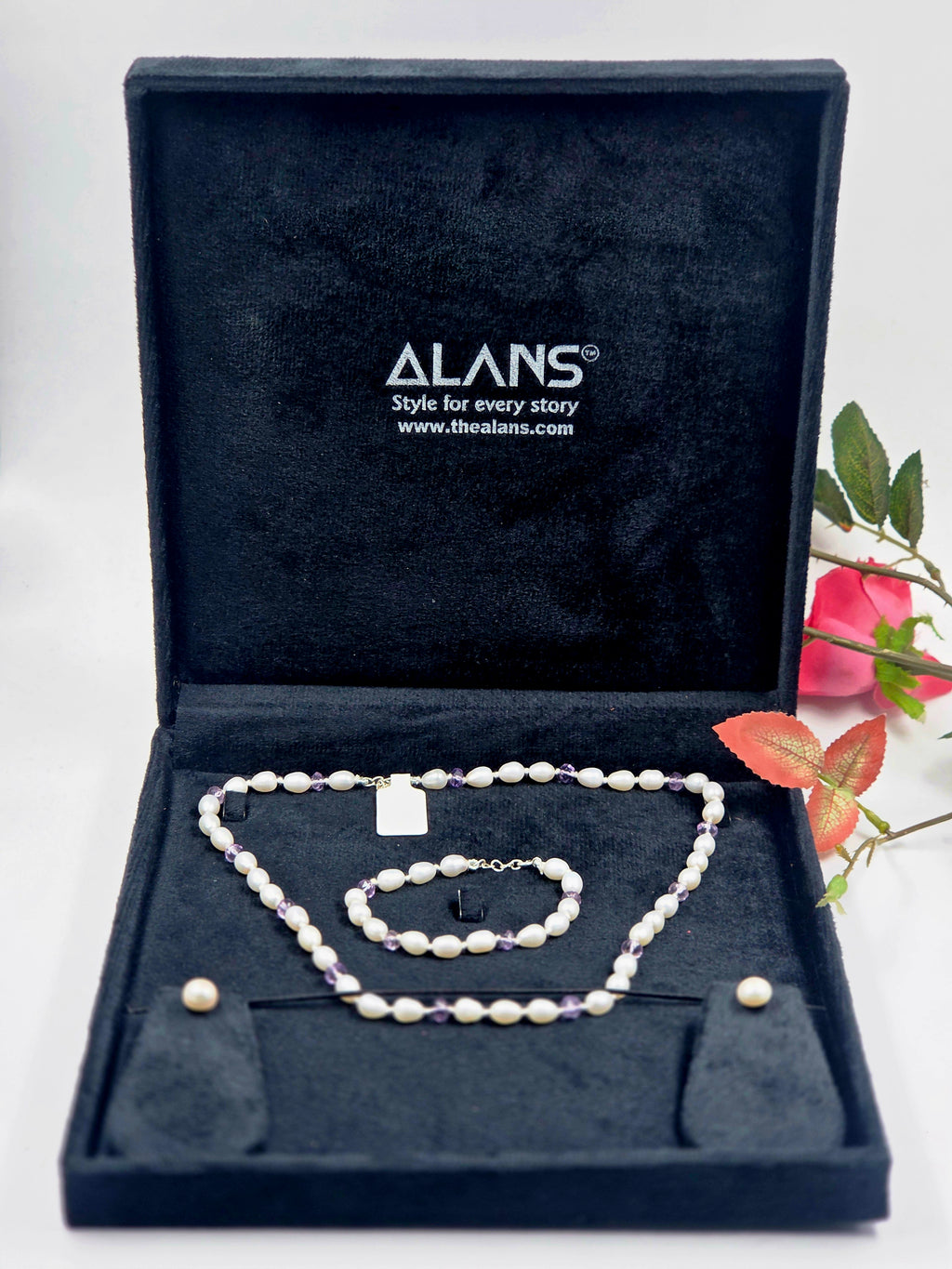 Freshwater Pearl and Amethyst Necklace Set in Sterling Silver