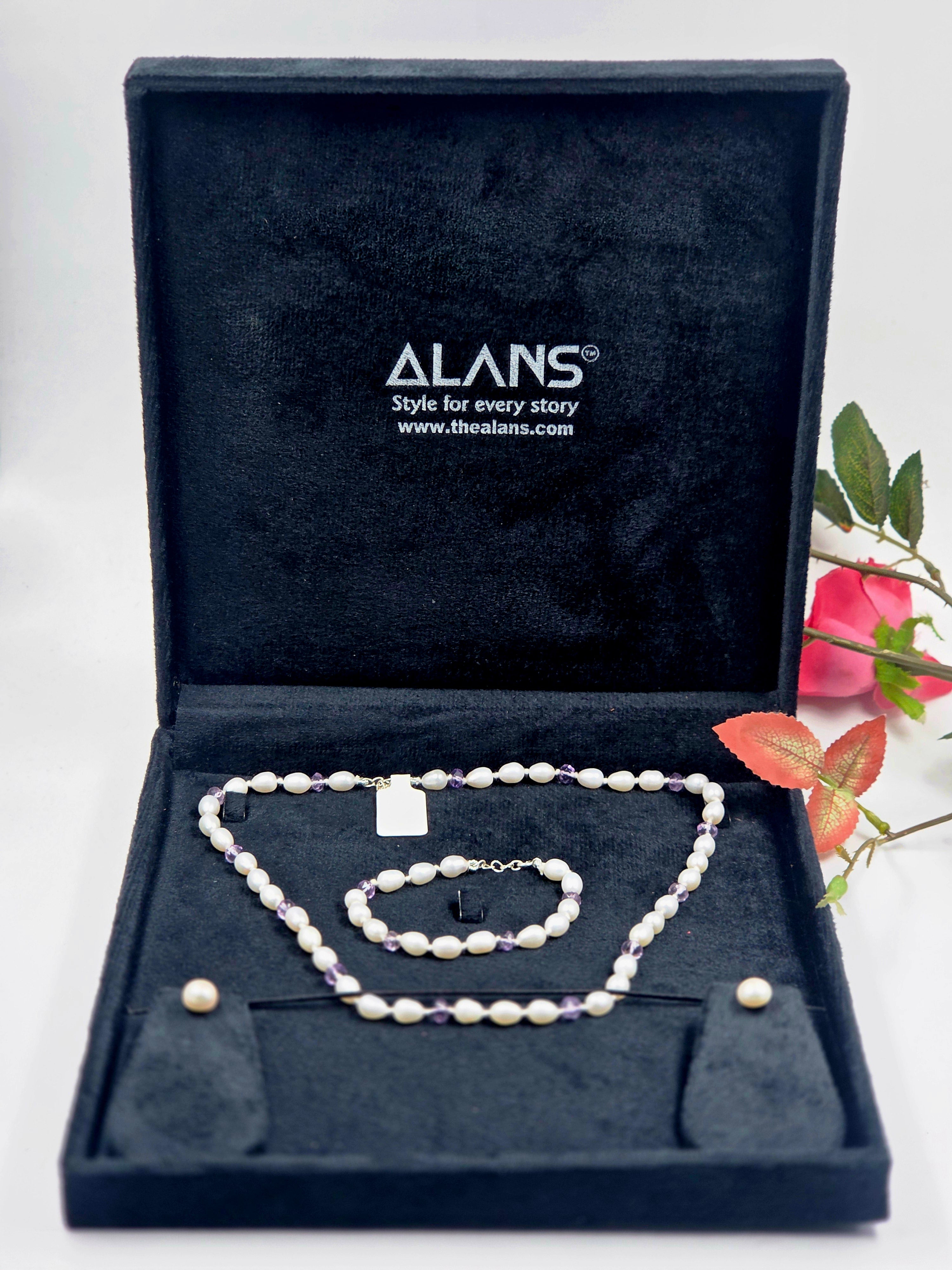 Freshwater Pearl and Amethyst Necklace Set in Sterling Silver