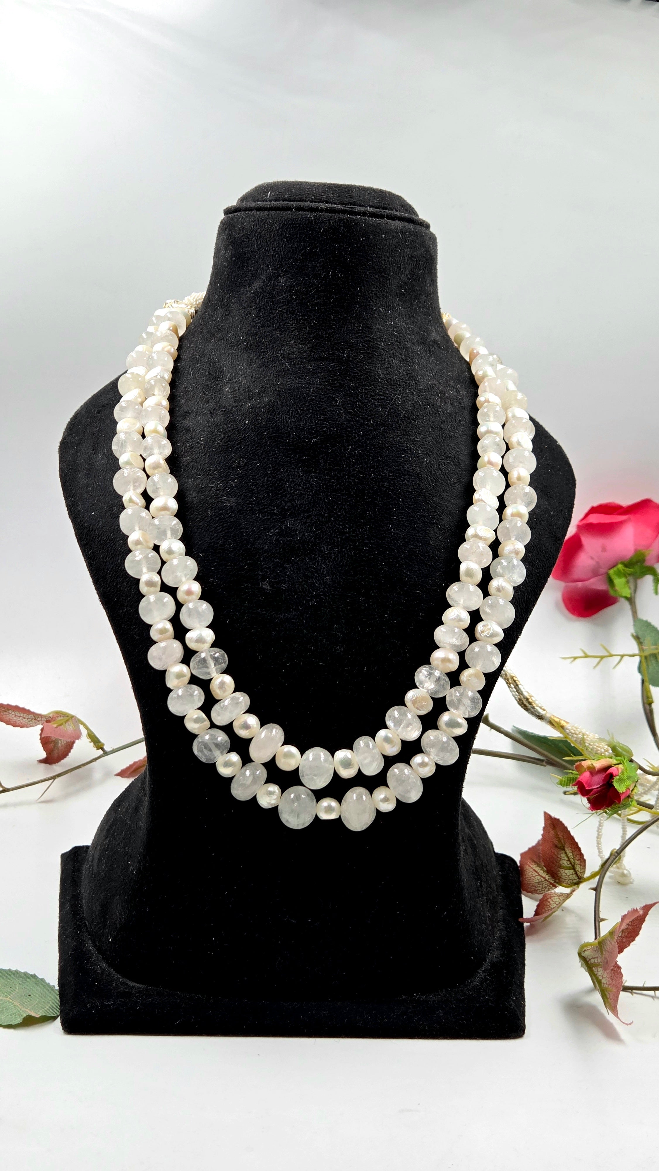 Rose Quartz & Freshwater Pearl Sarafa Style Dual-Line Necklace