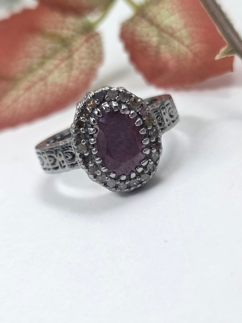 Natural Diamond & GF Ruby Victorian Cluster Ring in Sterling Silver