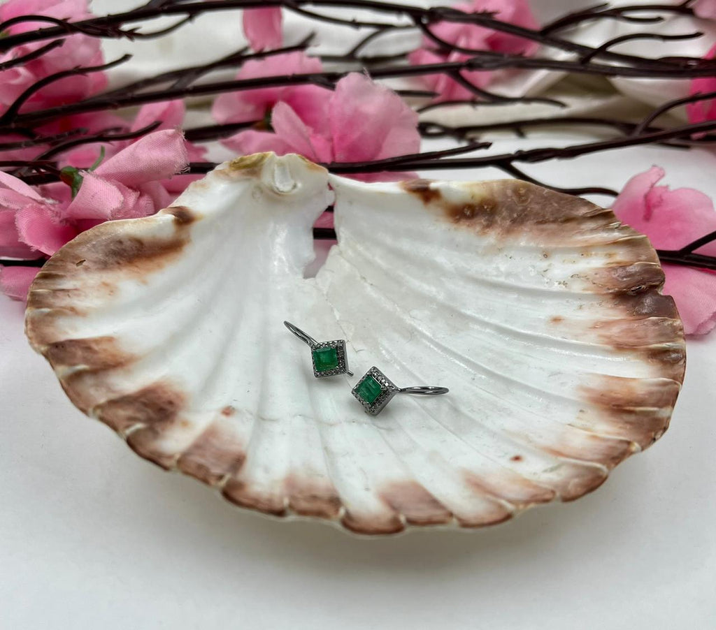 Natural Emerald & Diamond Earrings in Sterling Silver