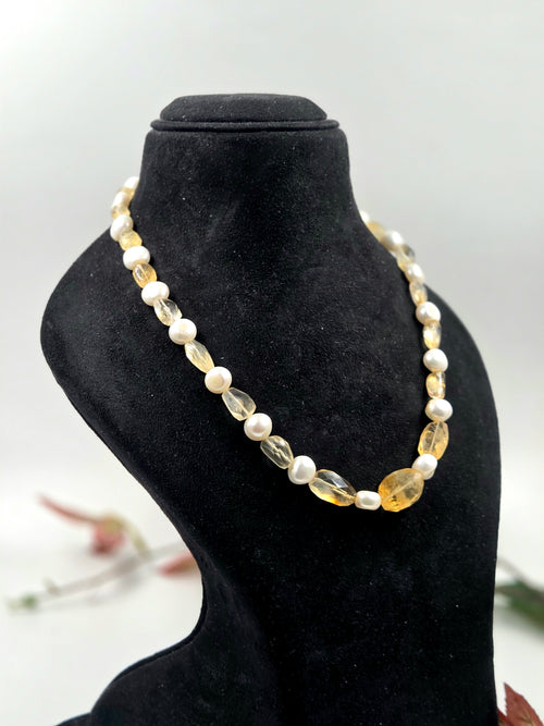 Citrine & Freshwater Pearl Necklace with Sterling Silver Lock – 54.70 Grams