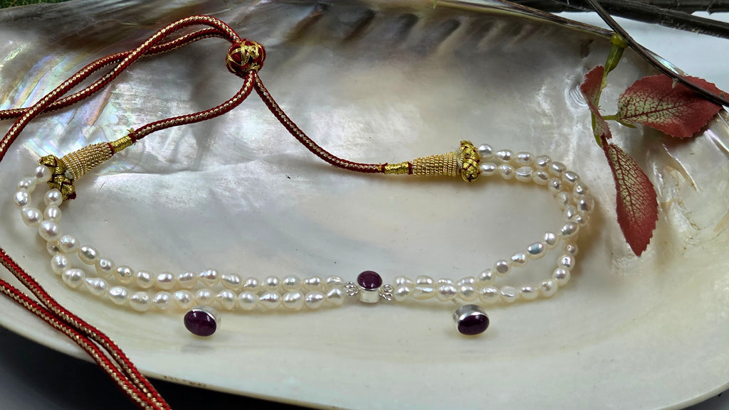 Freshwater Pearl & GF Ruby Double-Strand Choker Set with Earrings