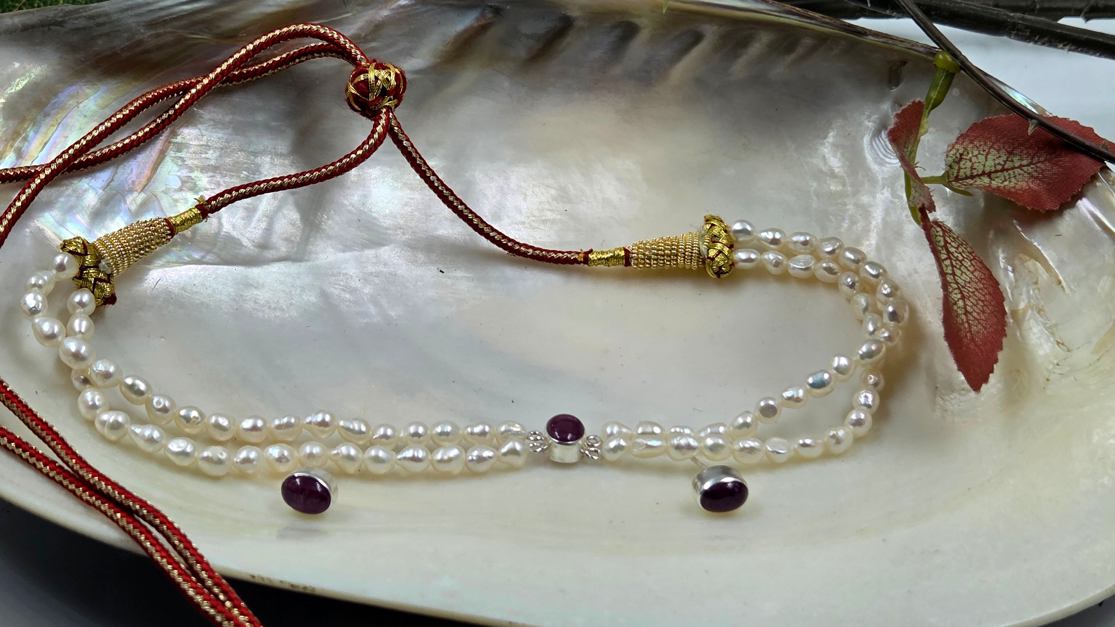 Freshwater Pearl & GF Ruby Double-Strand Choker Set with Earrings
