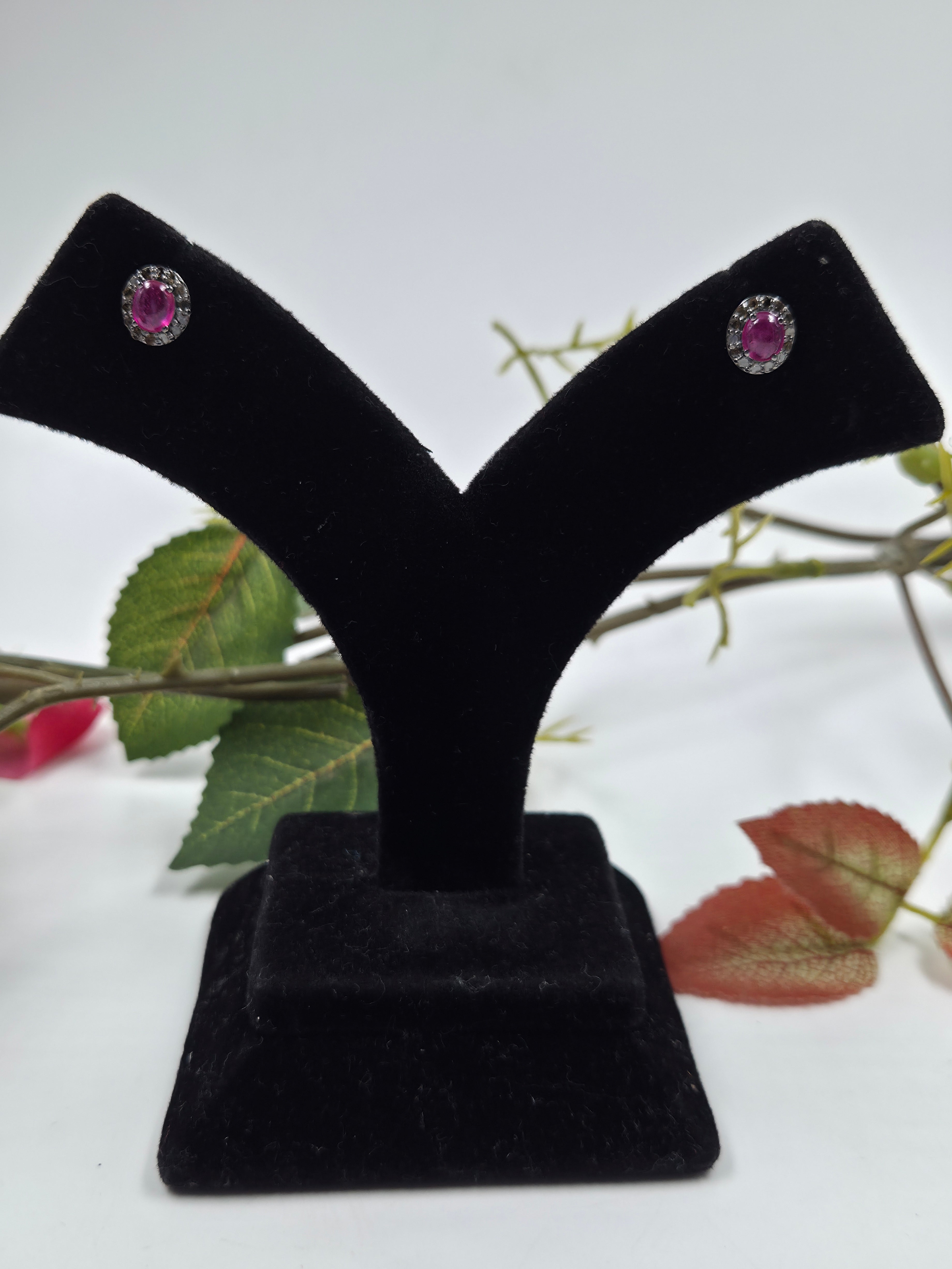 Natural Diamond & Gf Ruby Sterling Silver Earrings