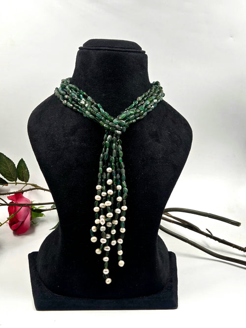 3-Strand Green Aventurine Scarf Necklace with Freshwater Pearls