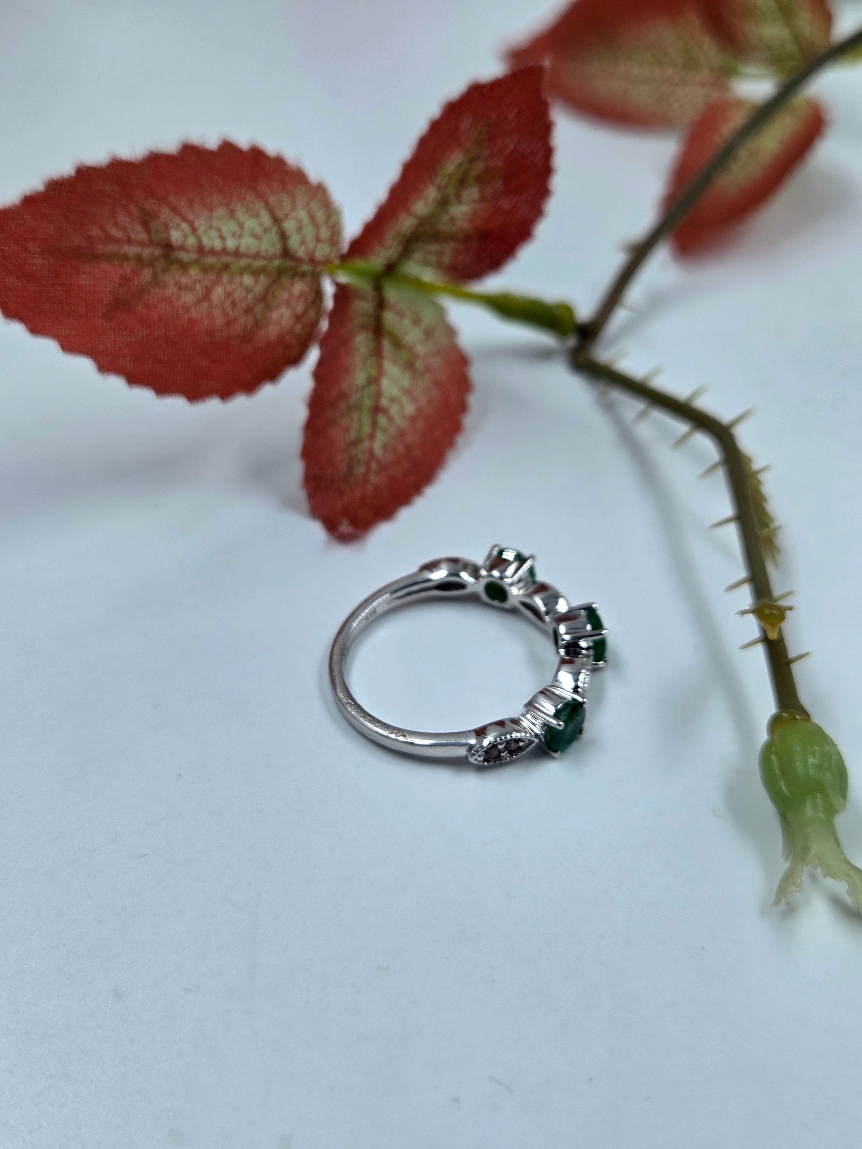 Natural Emerald & Natural Diamond Ring – Sterling Silver, Cabochon Shape.