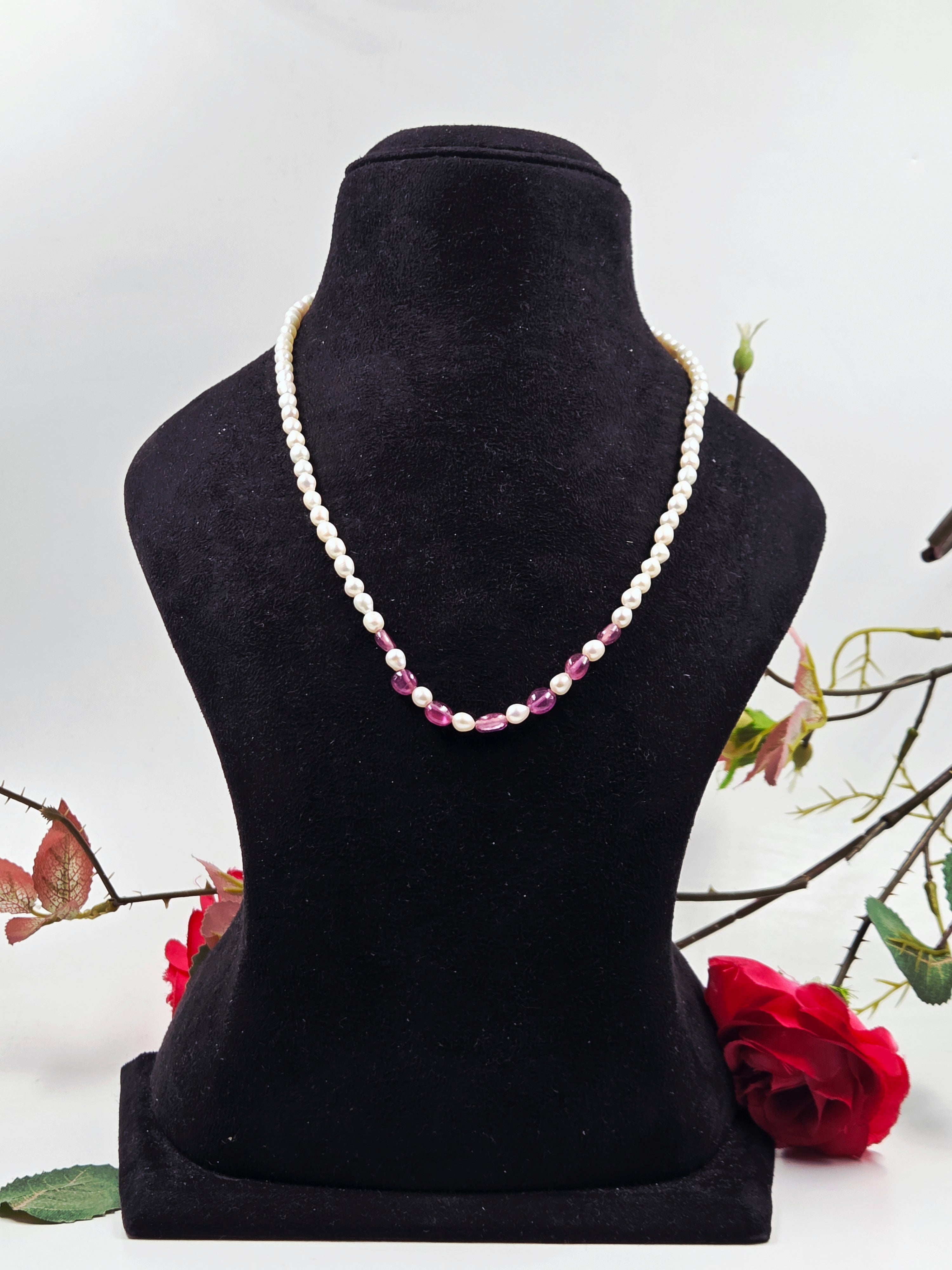 GF Ruby & Freshwater Pearl Necklace with Sterling Silver Lock