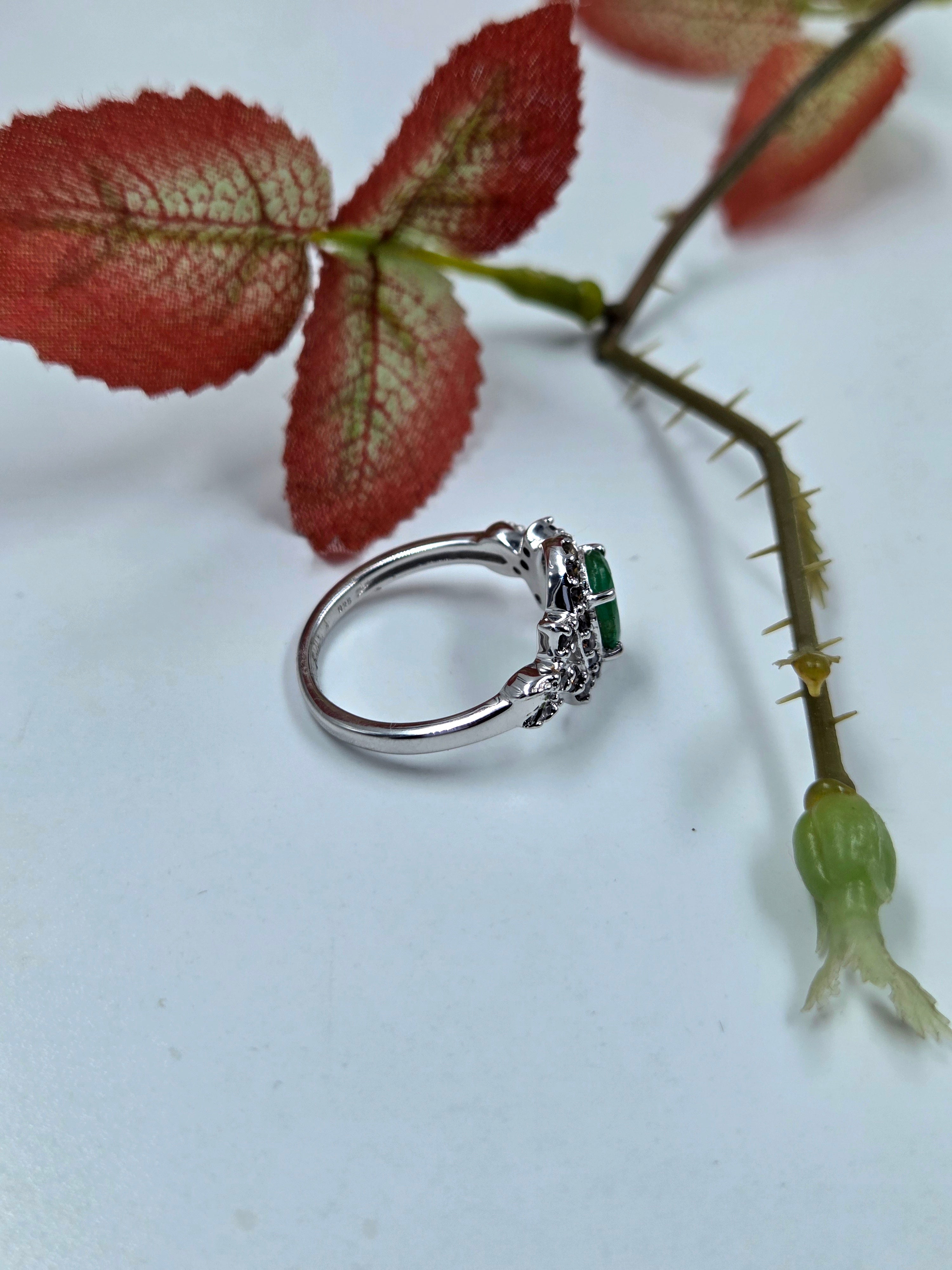 Natural Emerald and Natural Diamond Ring in Sterling Silver. Halo Design