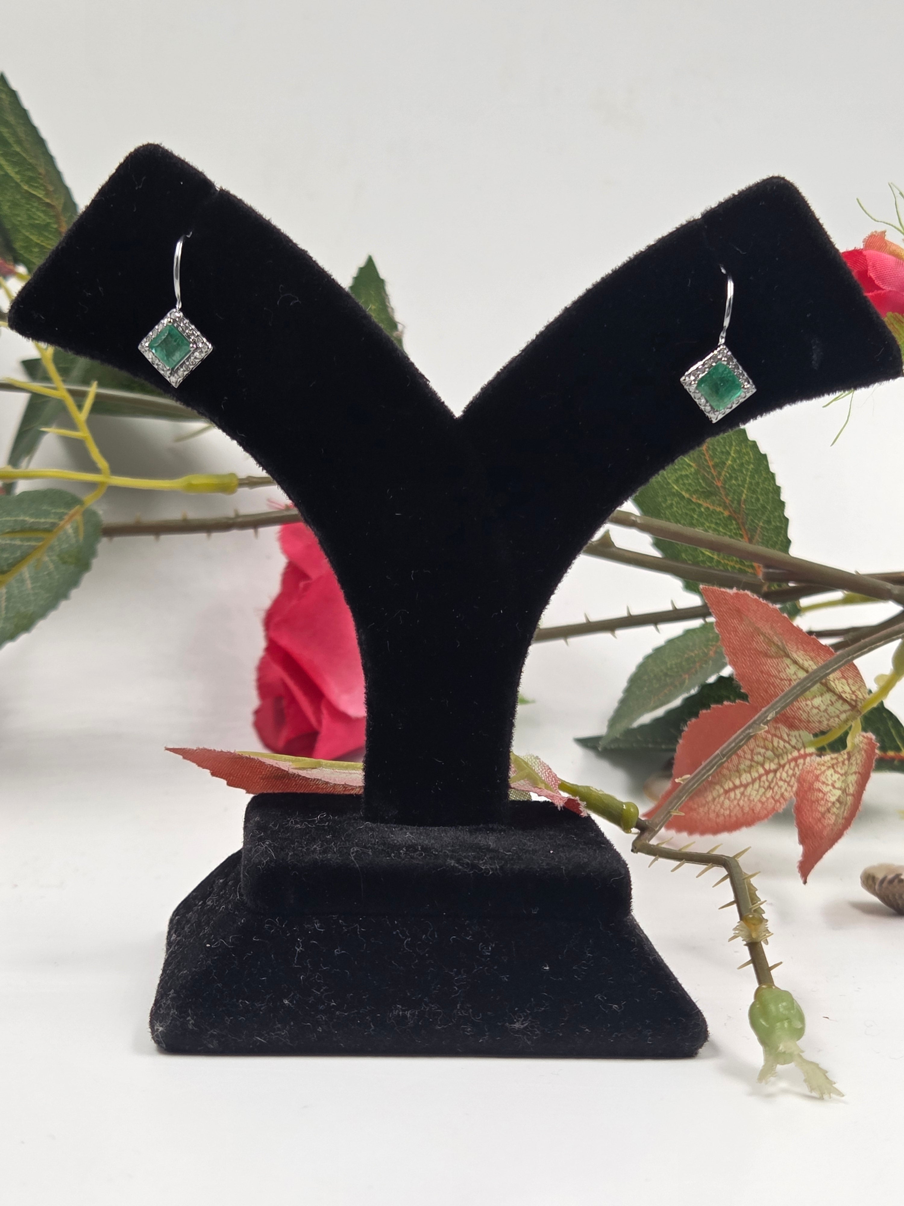 Natural Emerald & Diamond Earrings in Sterling Silver