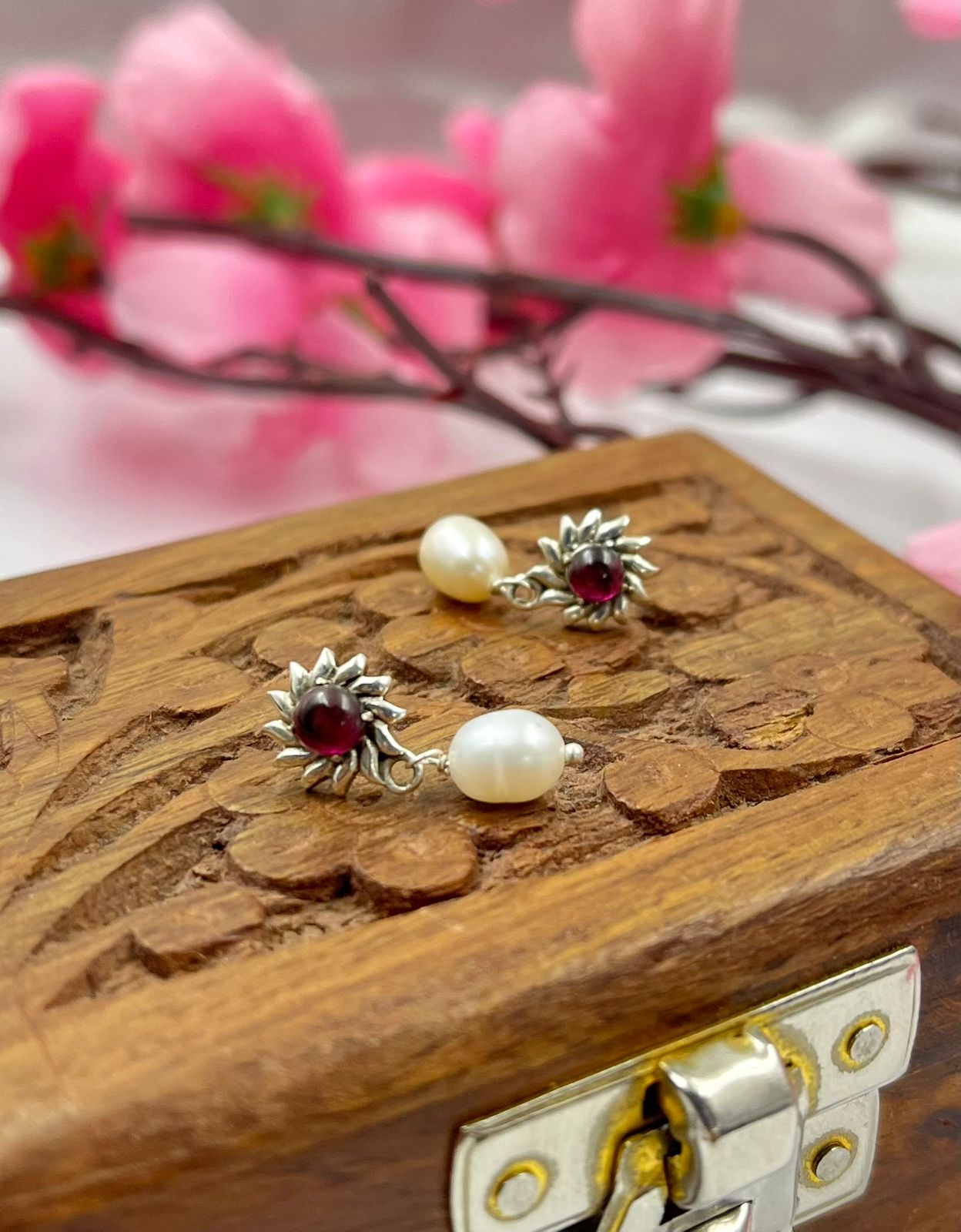 Sterling Silver Earrings with Garnet and Freshwater Pearl Drop