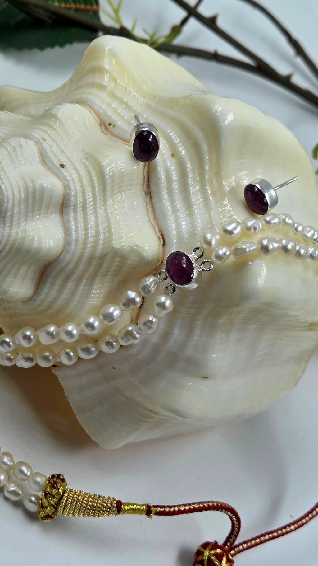 Freshwater Pearl & GF Ruby Double-Strand Choker Set with Earrings