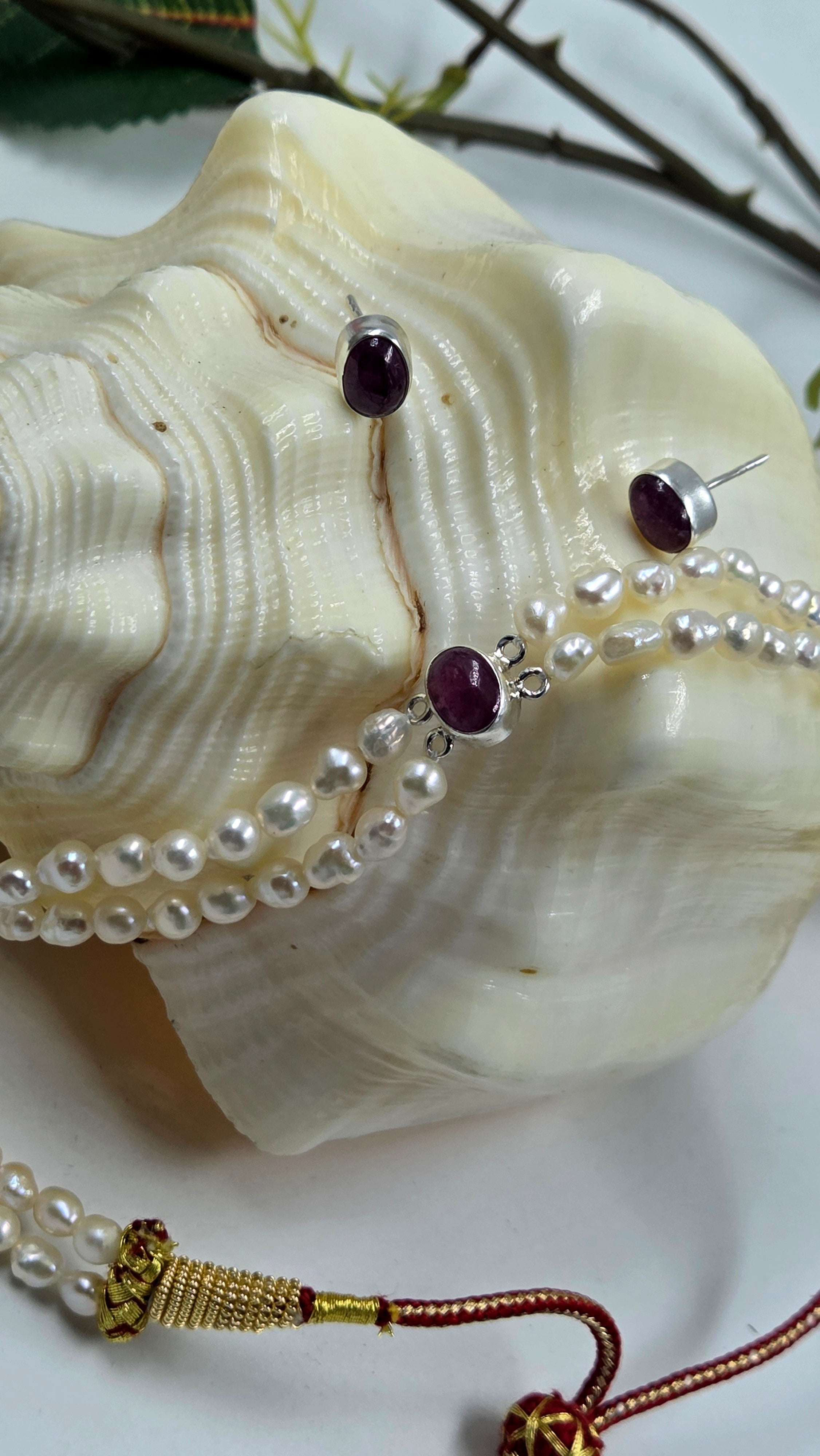 Freshwater Pearl & GF Ruby Double-Strand Choker Set with Earrings
