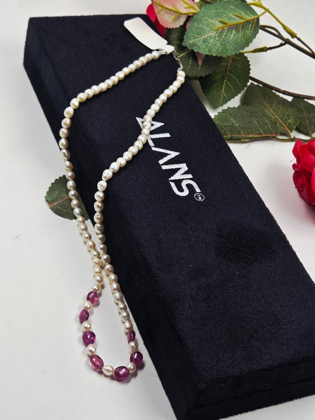 GF Ruby & Freshwater Pearl Necklace with Sterling Silver Lock