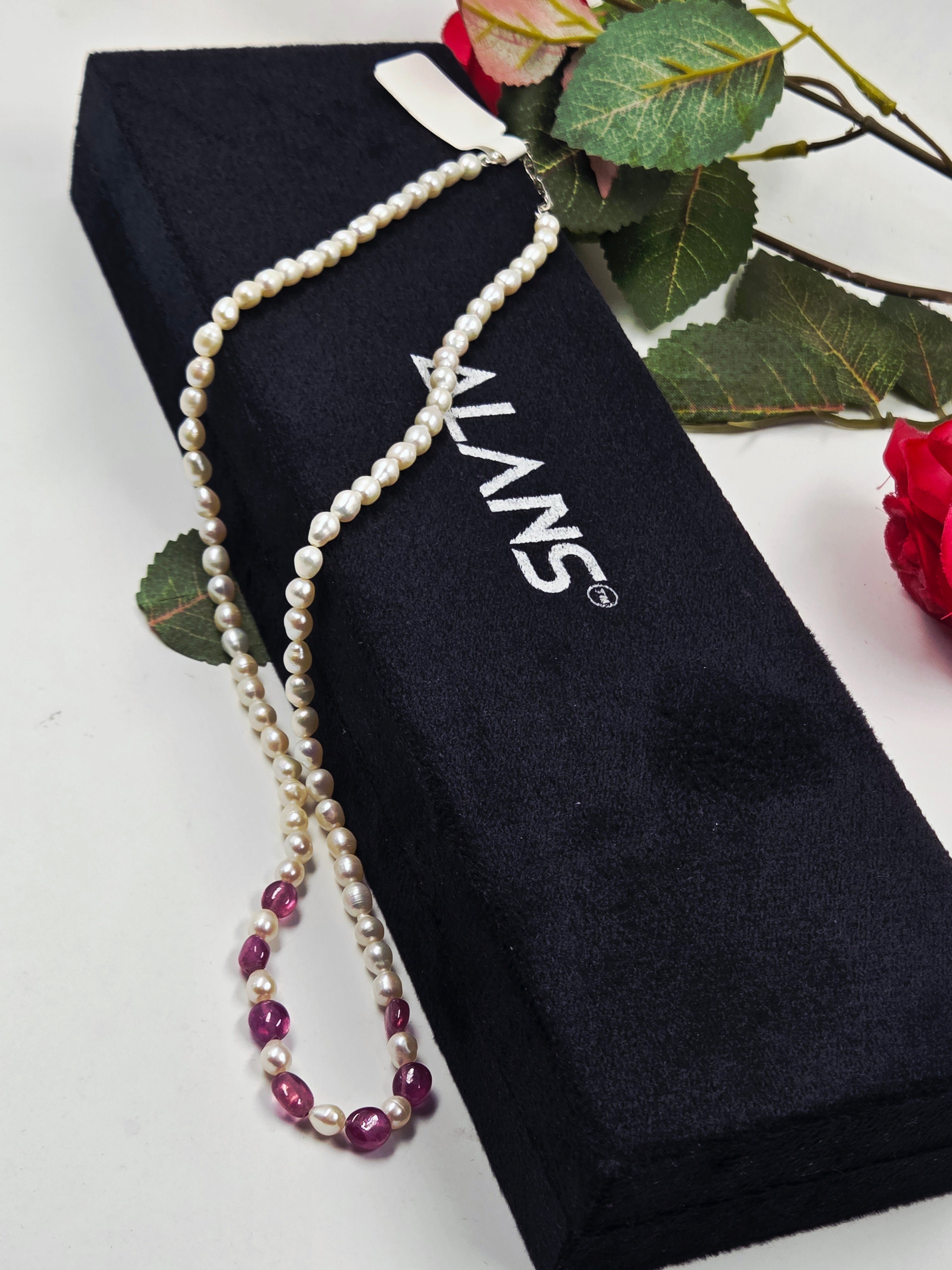 GF Ruby & Freshwater Pearl Necklace with Sterling Silver Lock