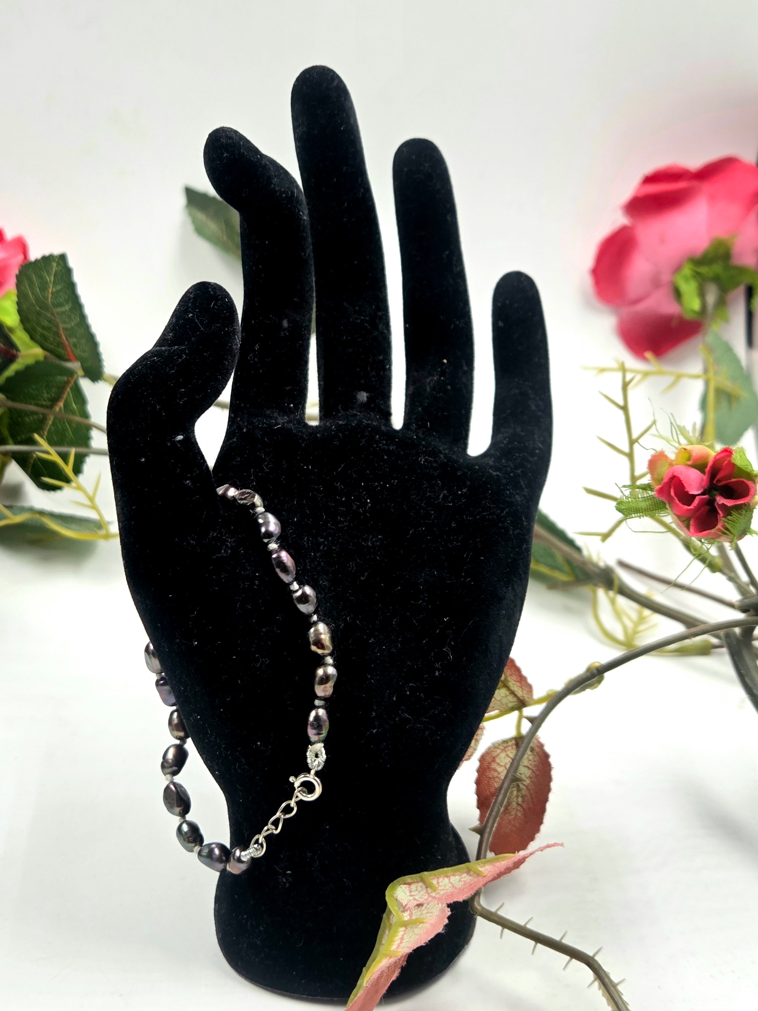 Black Dyed Freshwater Pearl Necklace Set with Studs & Bracelet in Sterling Silver