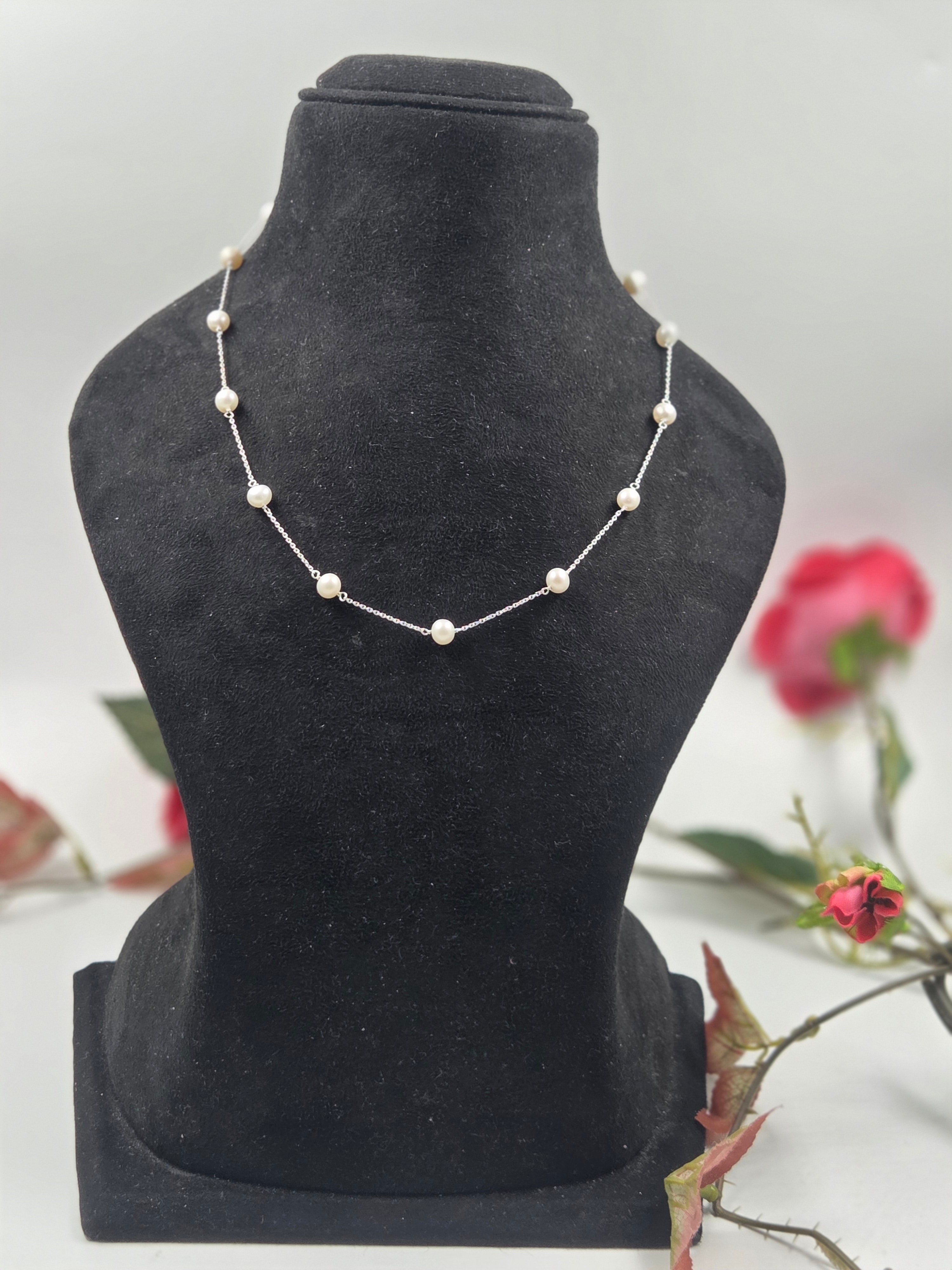 Freshwater Pearl Station Necklace in Sterling Silver