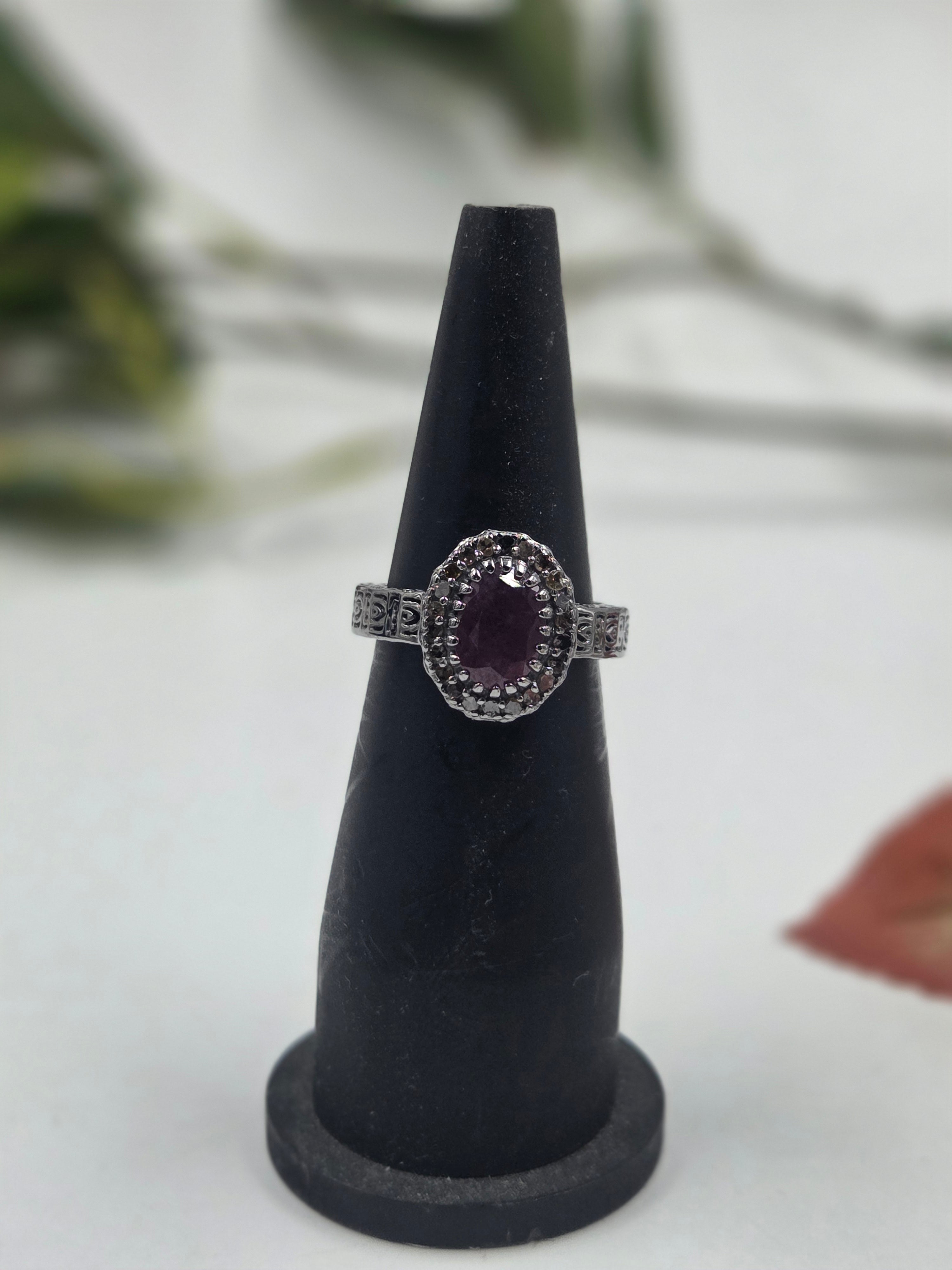 Natural Diamond & GF Ruby Victorian Cluster Ring in Sterling Silver
