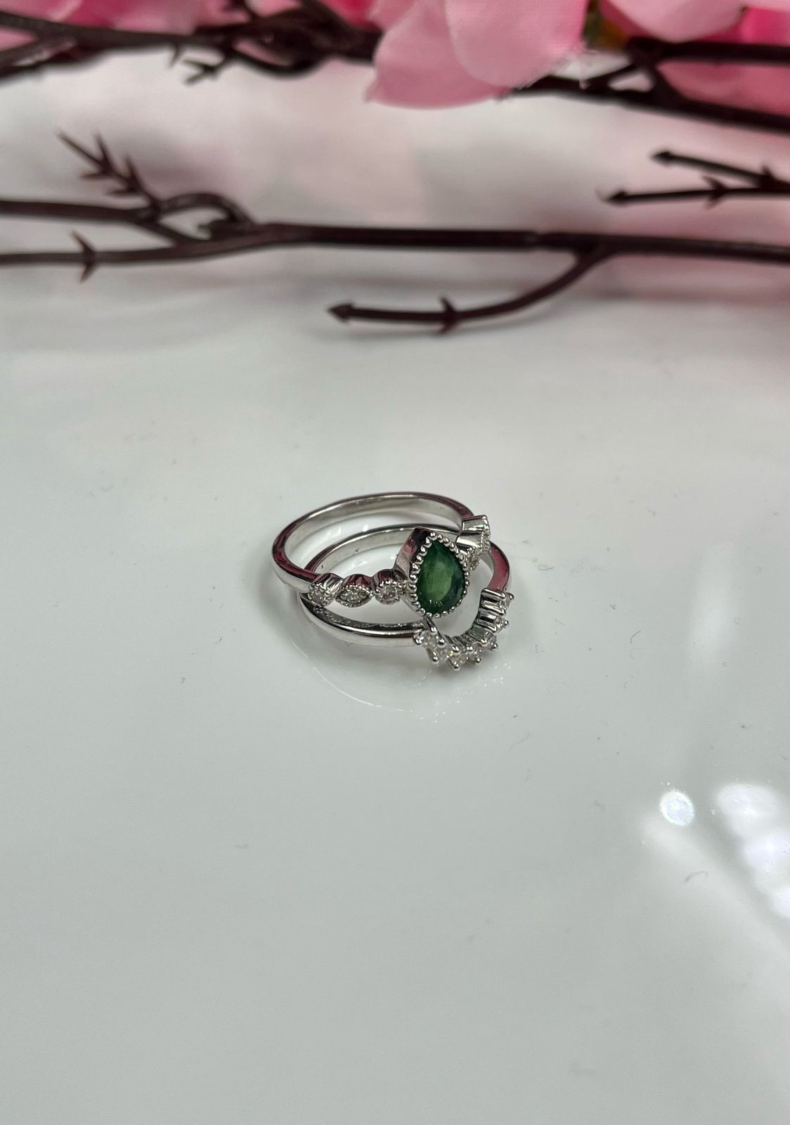 Emerald Glow Stack Ring – Sterling Silver with Lab-Grown Diamond