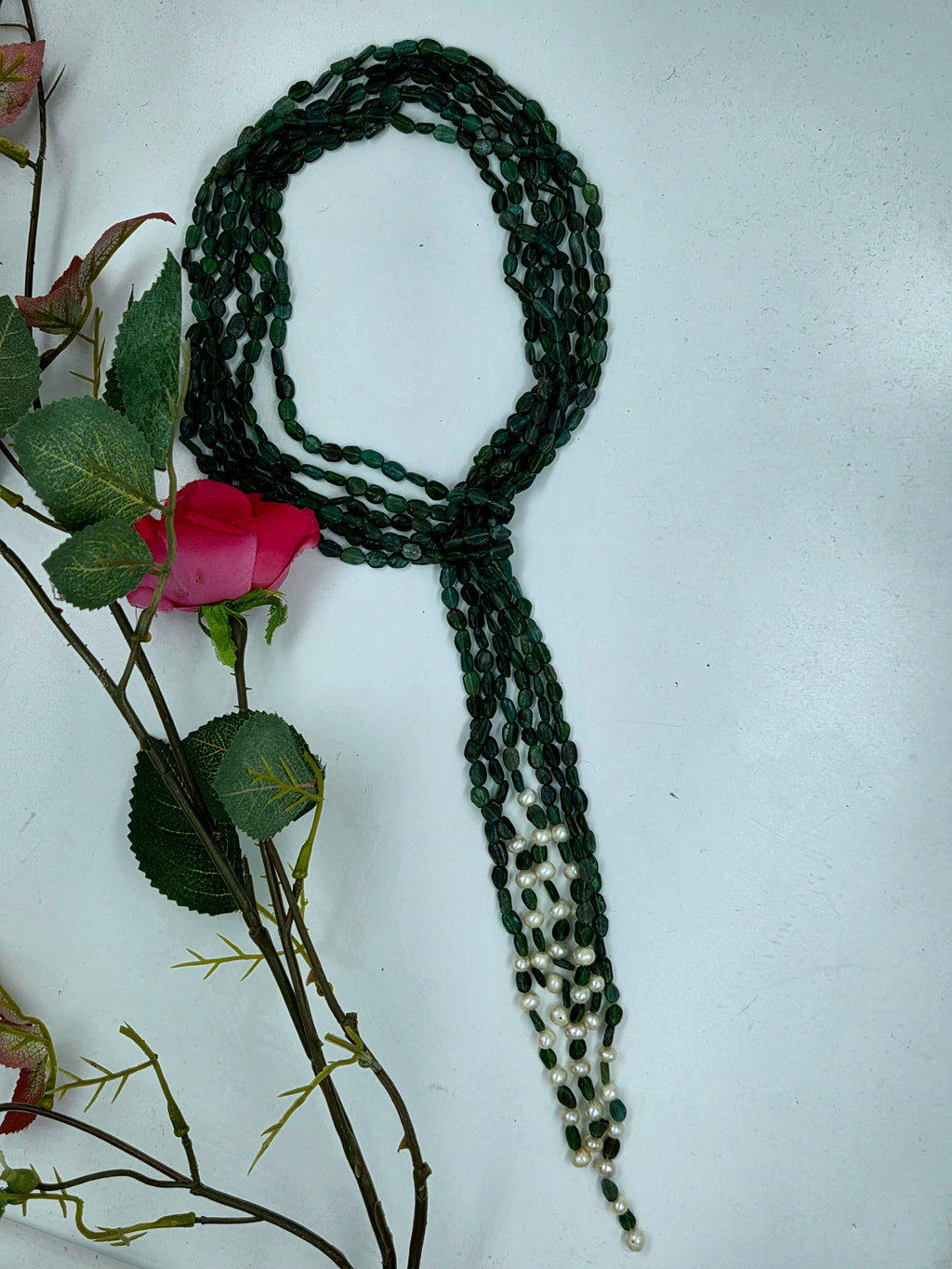 3-Strand Green Aventurine Scarf Necklace with Freshwater Pearls