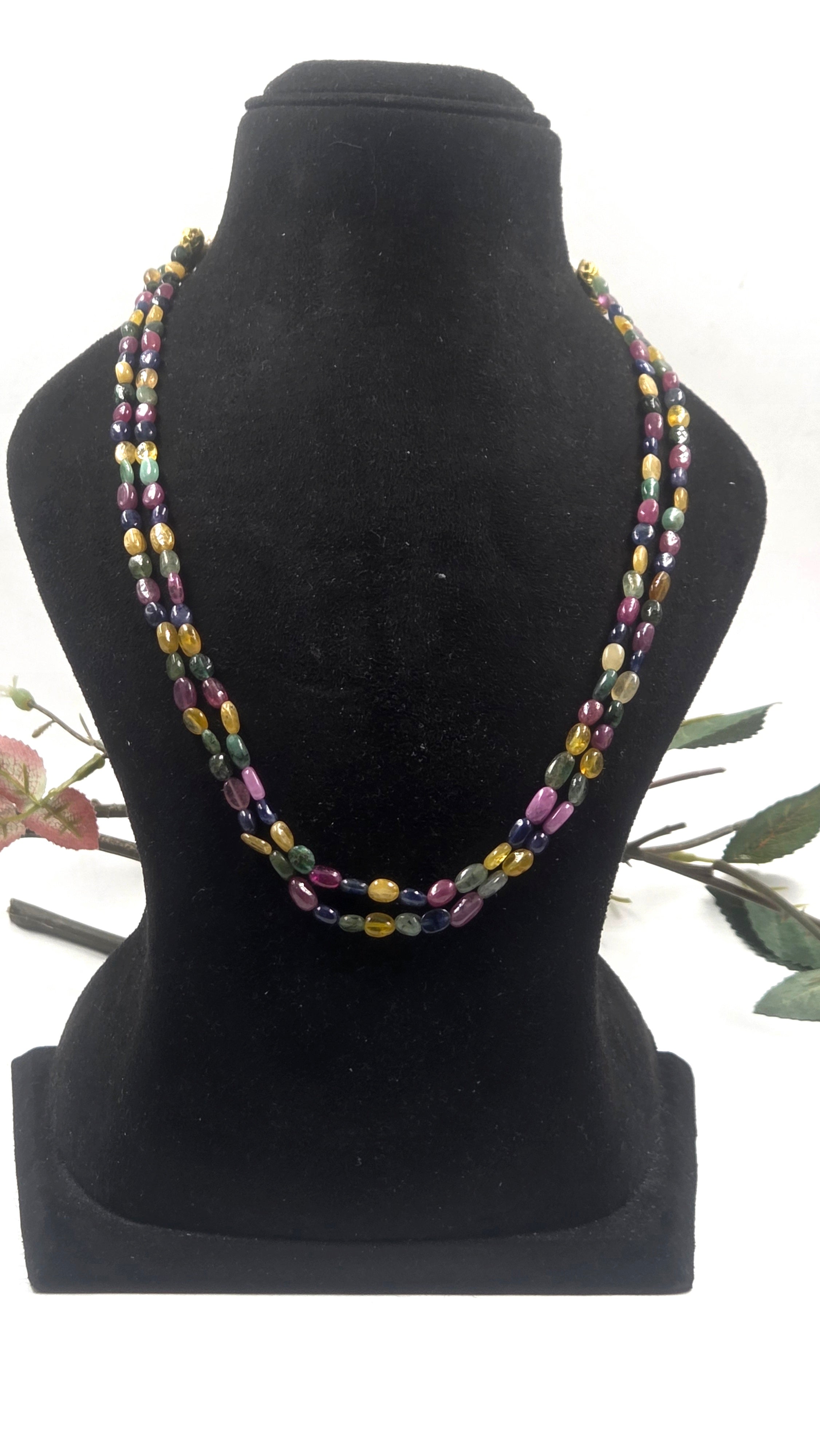 Natural Emerald, GF Ruby, GF Yellow & Blue Sapphire Dual-Line Necklace – 47g