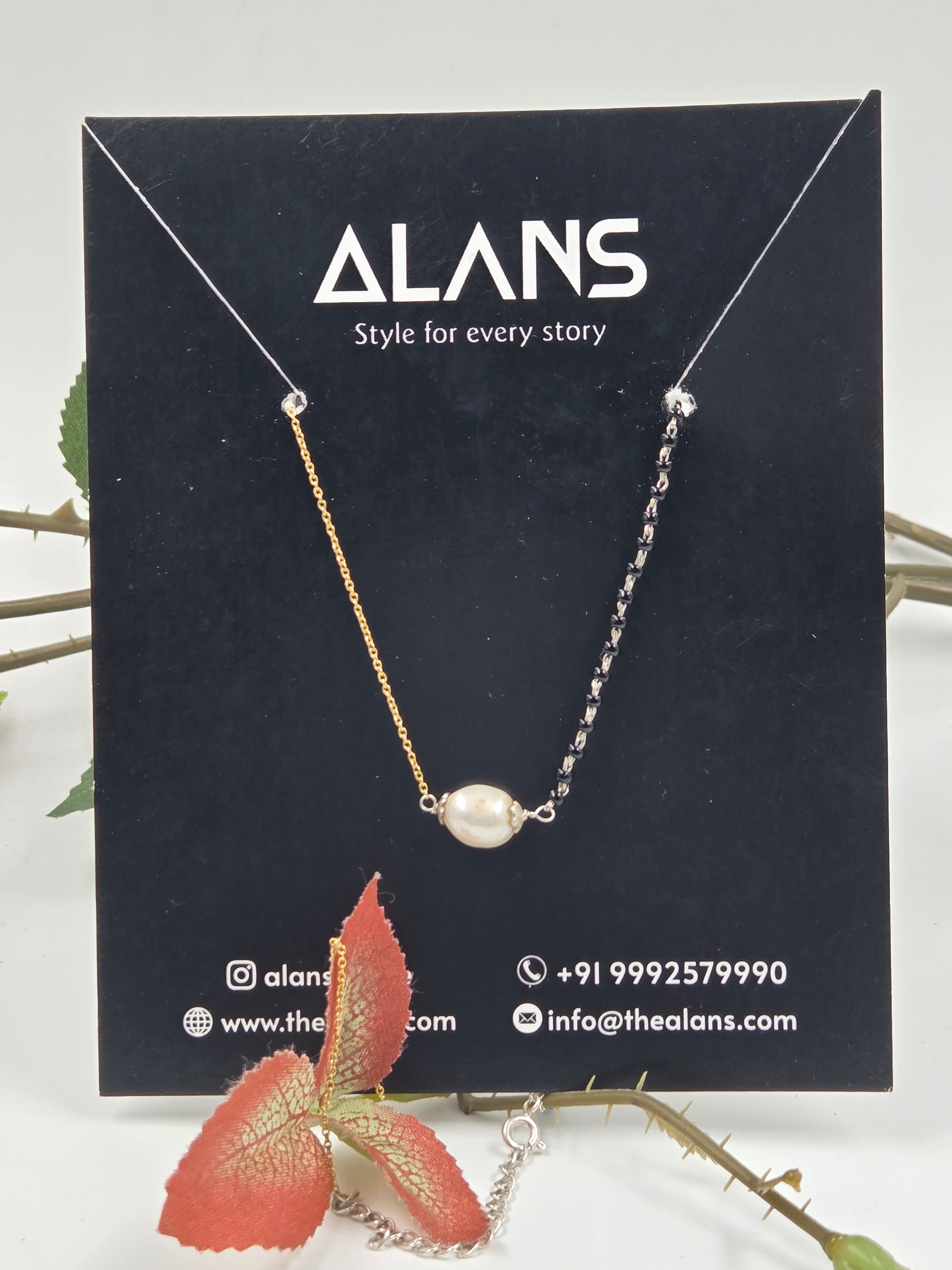 Black Beads Silver & Freshwater Pearl Dual-Tone Necklace