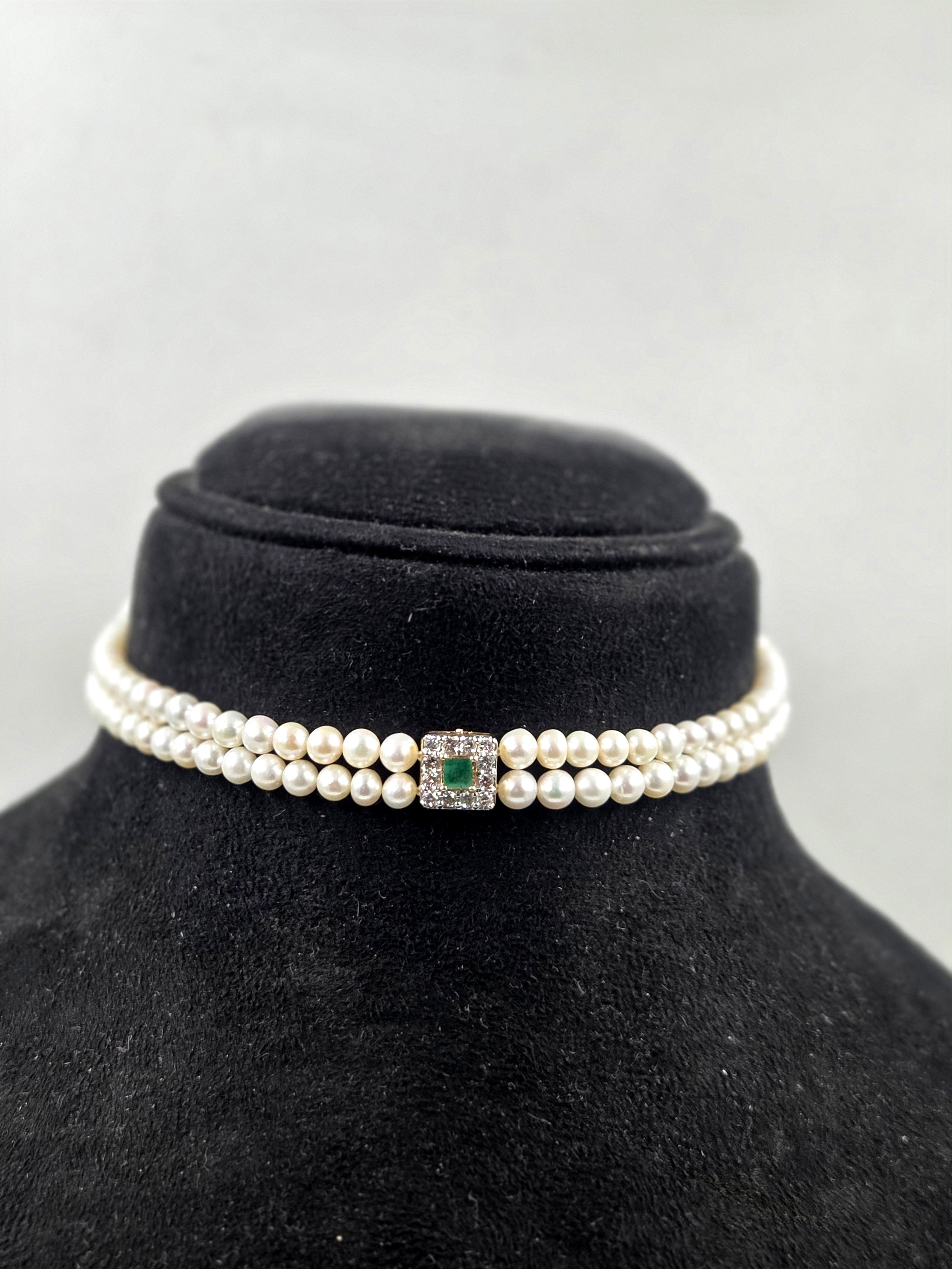 Lab-Grown Diamond & Natural Emerald Freshwater Pearl Choker Set with Earrings in Sterling Silver