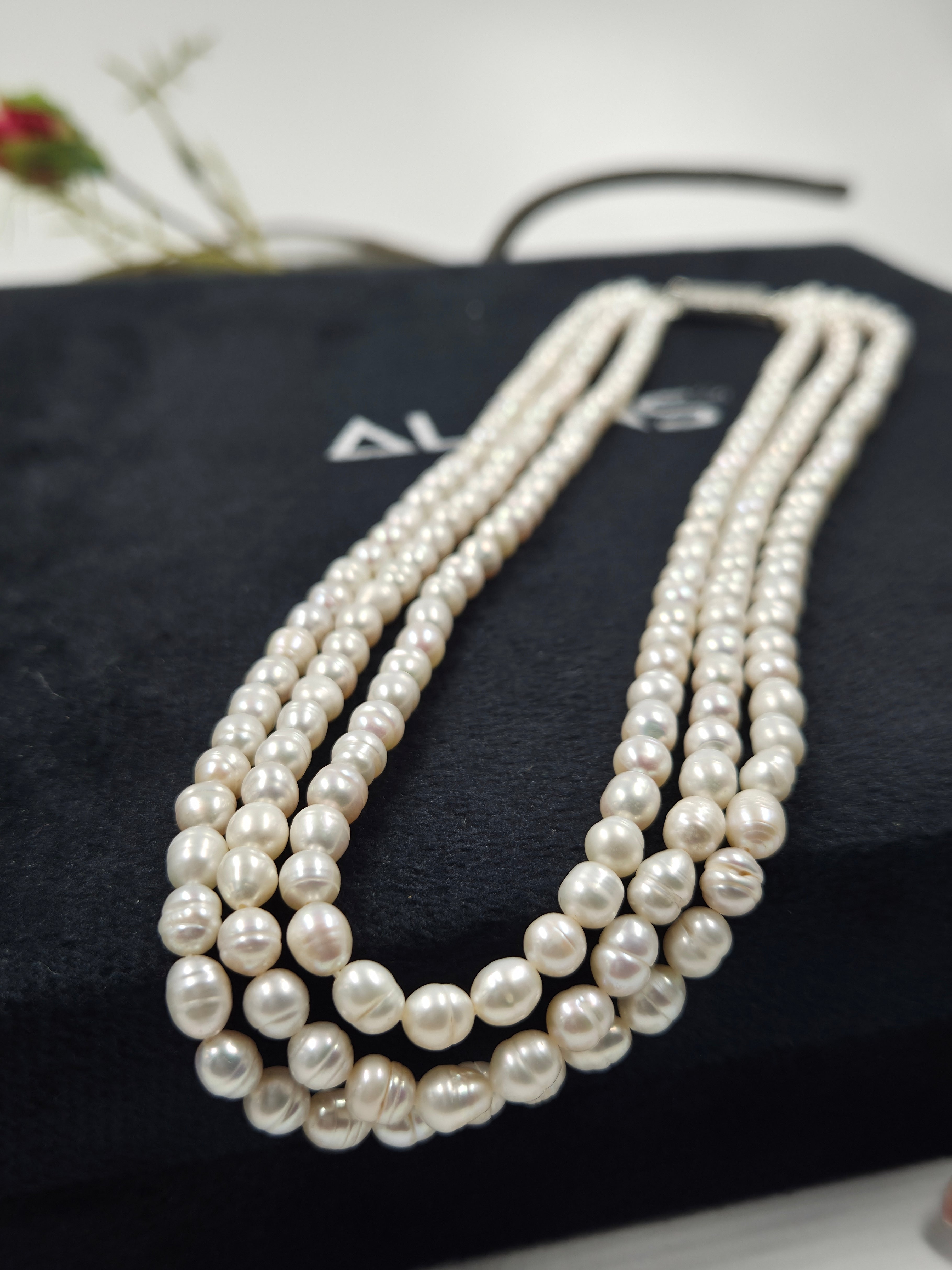 3-Layer Freshwater Pearl Necklace – Off White, Rice-Shaped