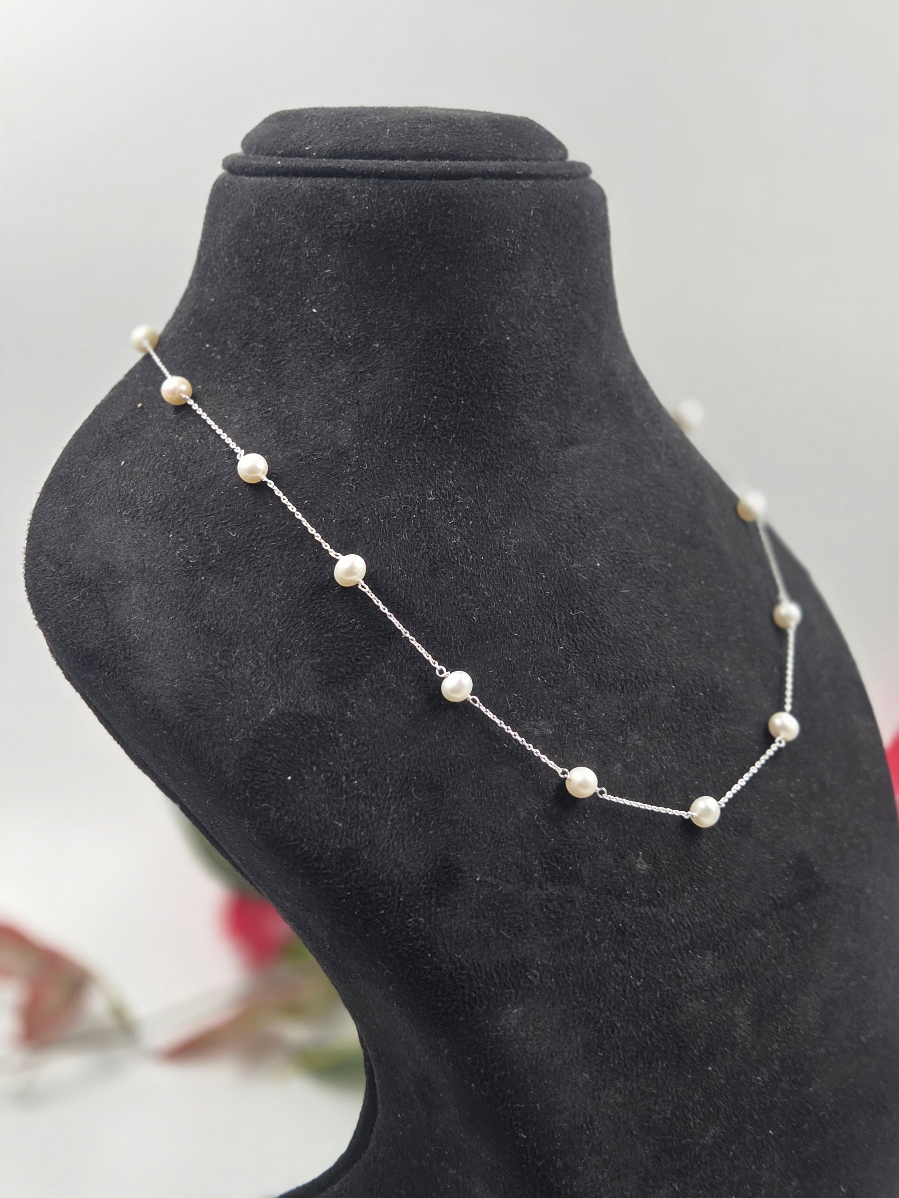 Freshwater Pearl Station Necklace in Sterling Silver