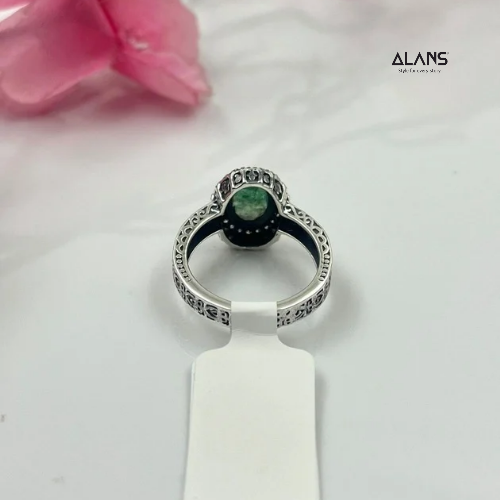Victorian Look Natural Emerald & Lab-Grown Diamond Ring in 925 Sterling Silver -  With Certificate