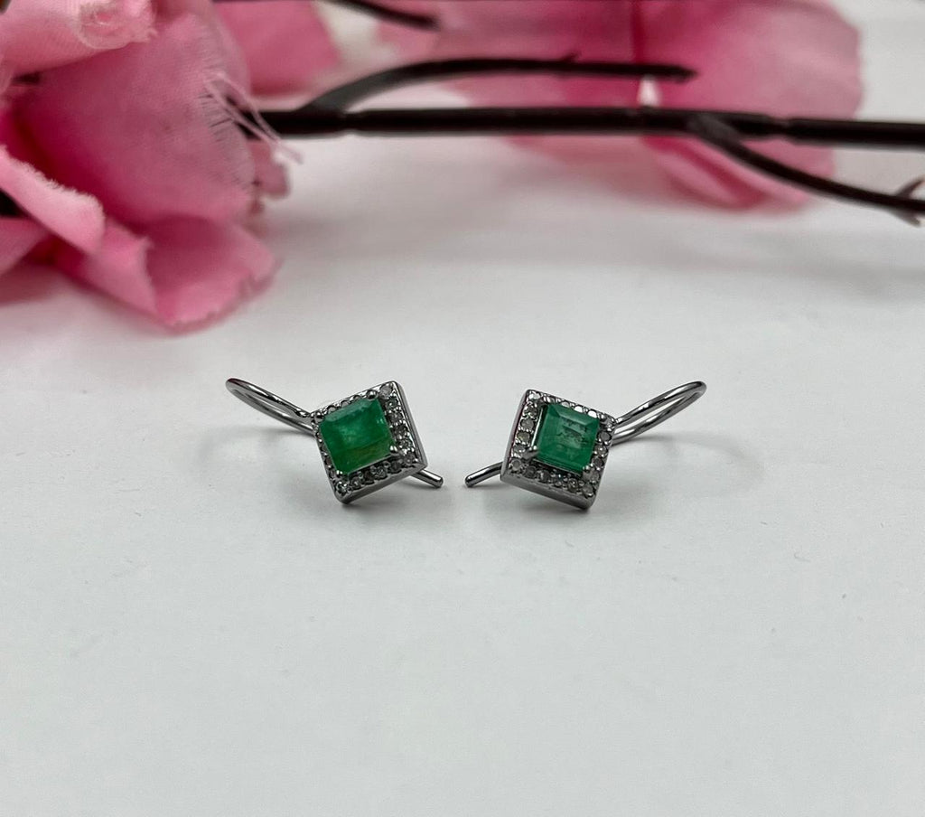 Natural Emerald & Diamond Earrings in Sterling Silver