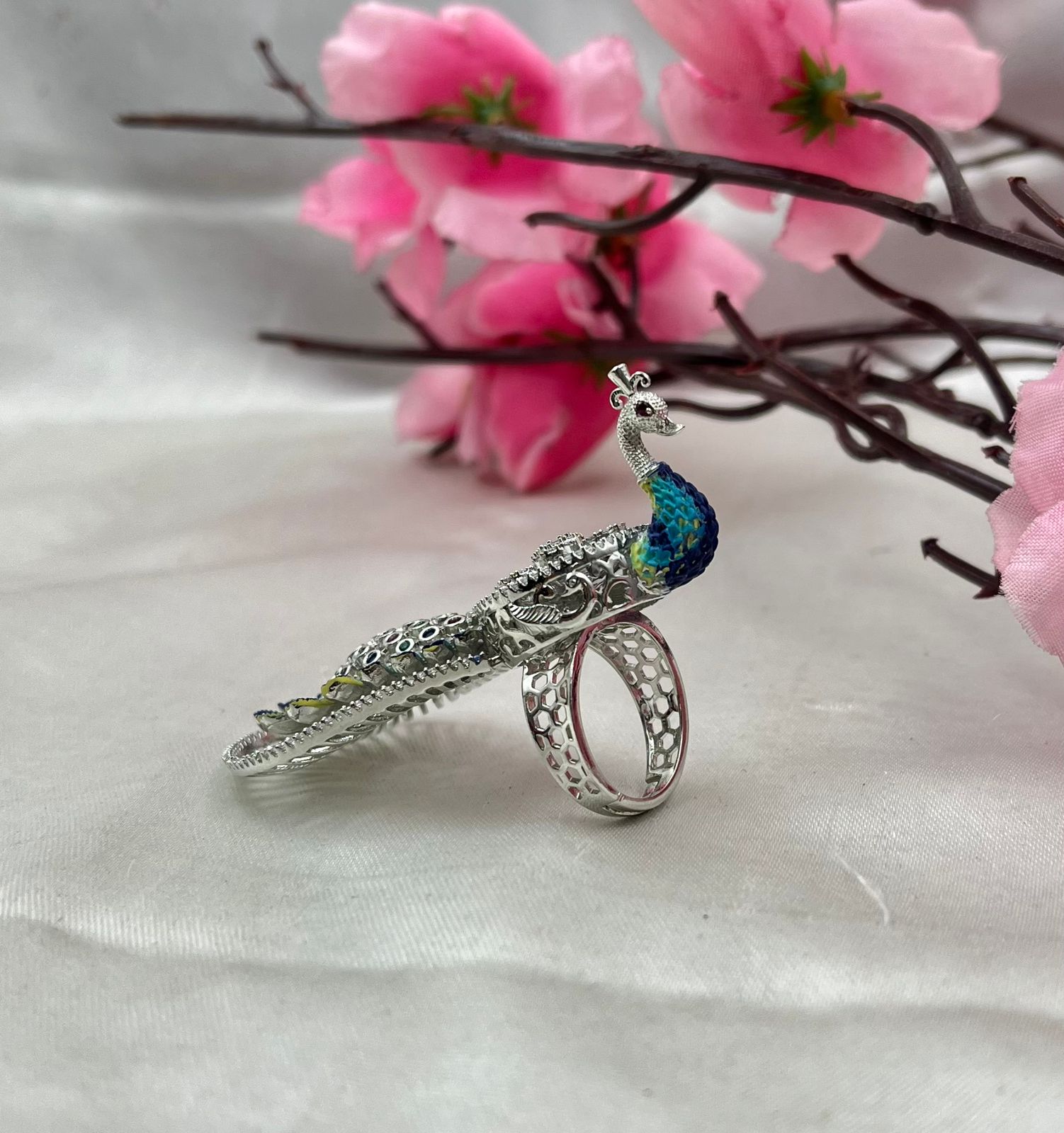 Adjustable Peacock Design Sterling Silver Ring