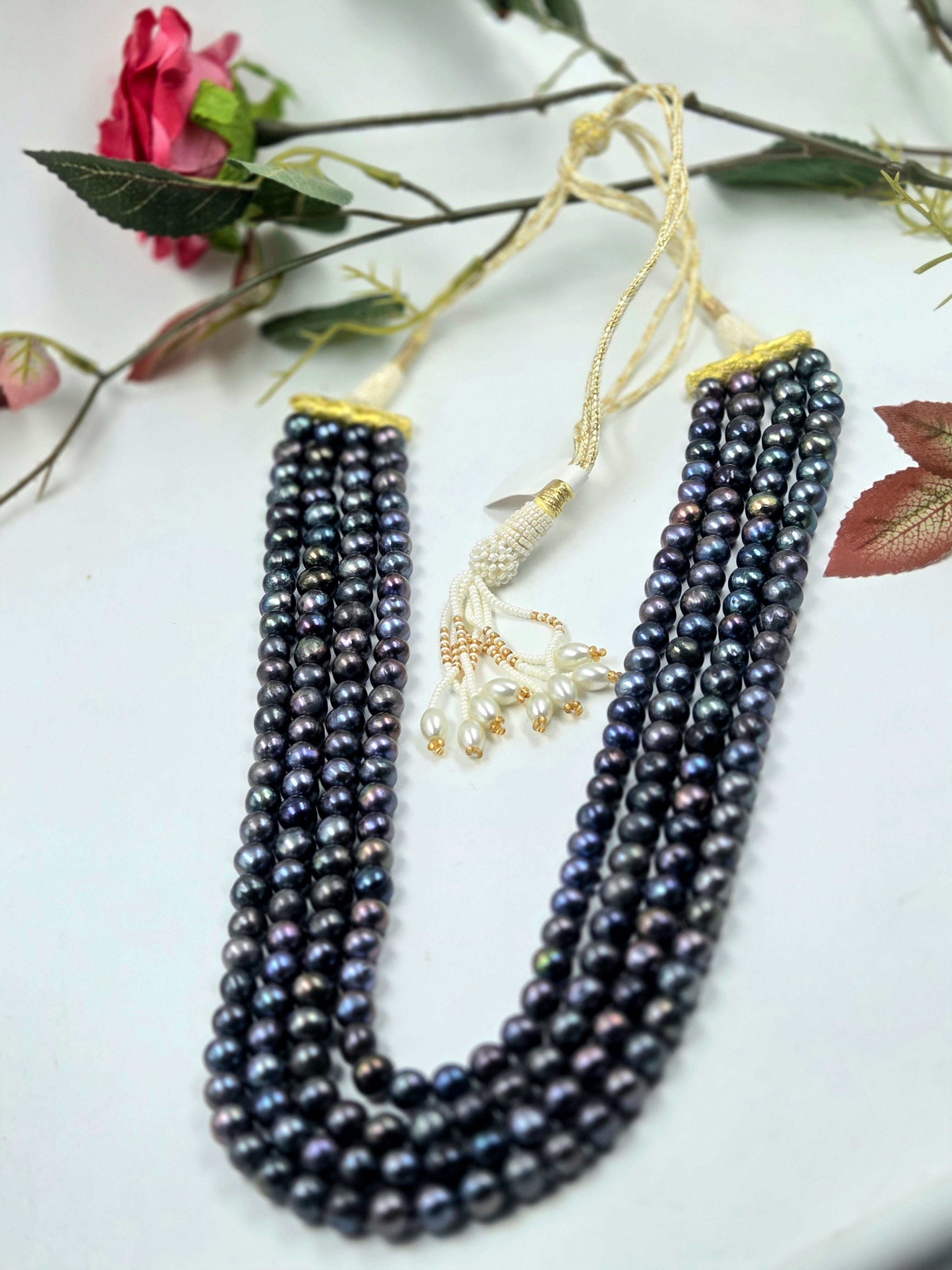 4-Line Freshwater Pearl Sarafa Style Necklace – Permanent Dyed Pearls