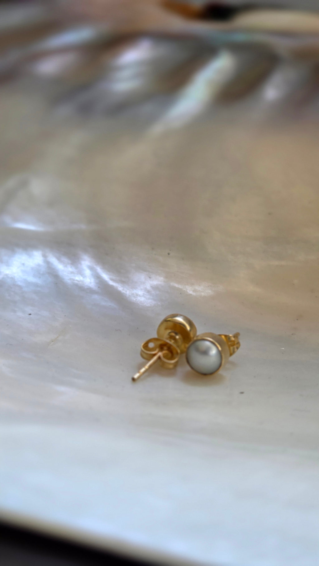 Smooth Bezel Freshwater Pearl Stud Earrings in Golden Sterling Silver