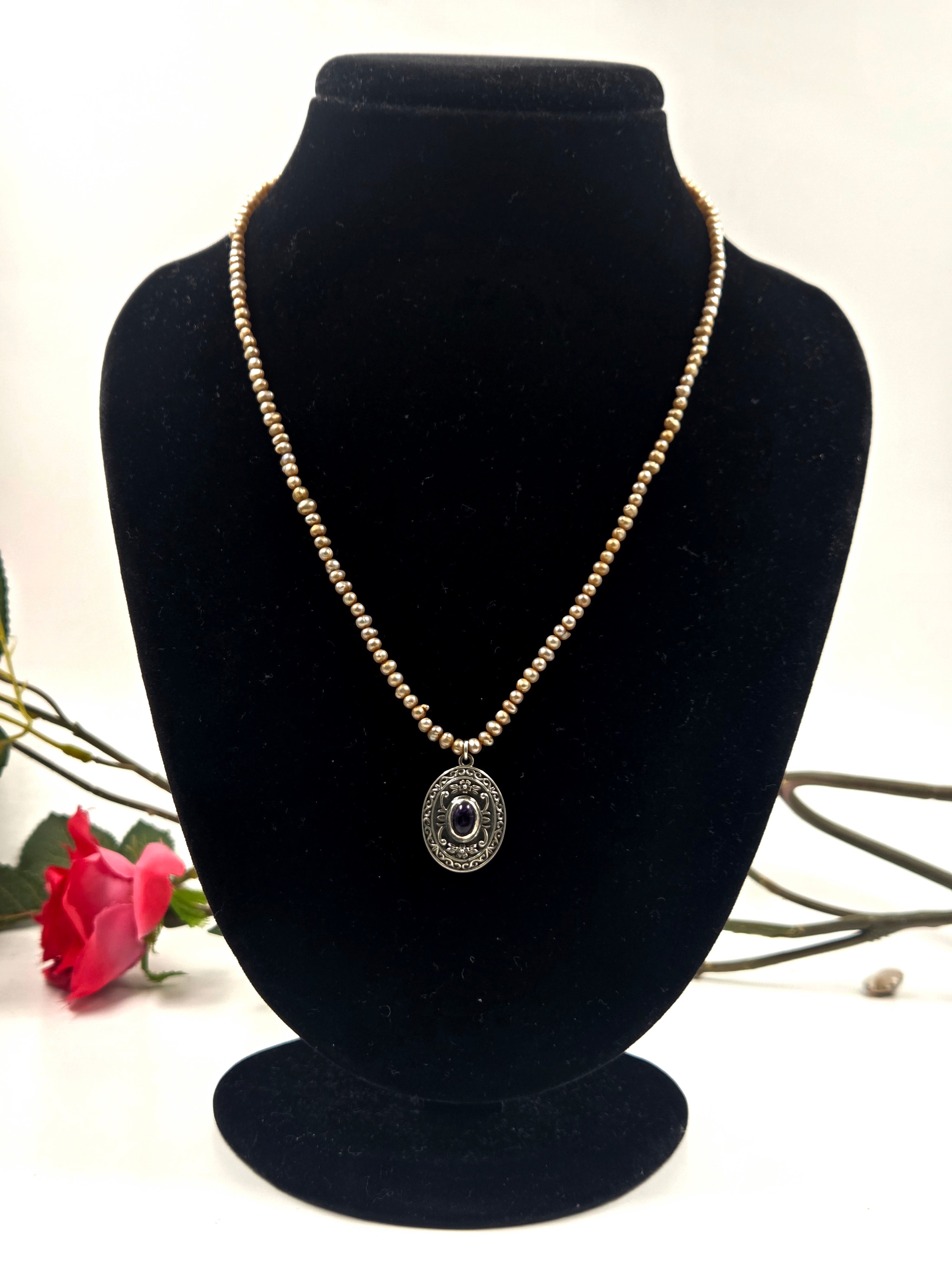 Amethyst Bloom – Freshwater Pearl & Purple Stone Necklace in Sterling Silver