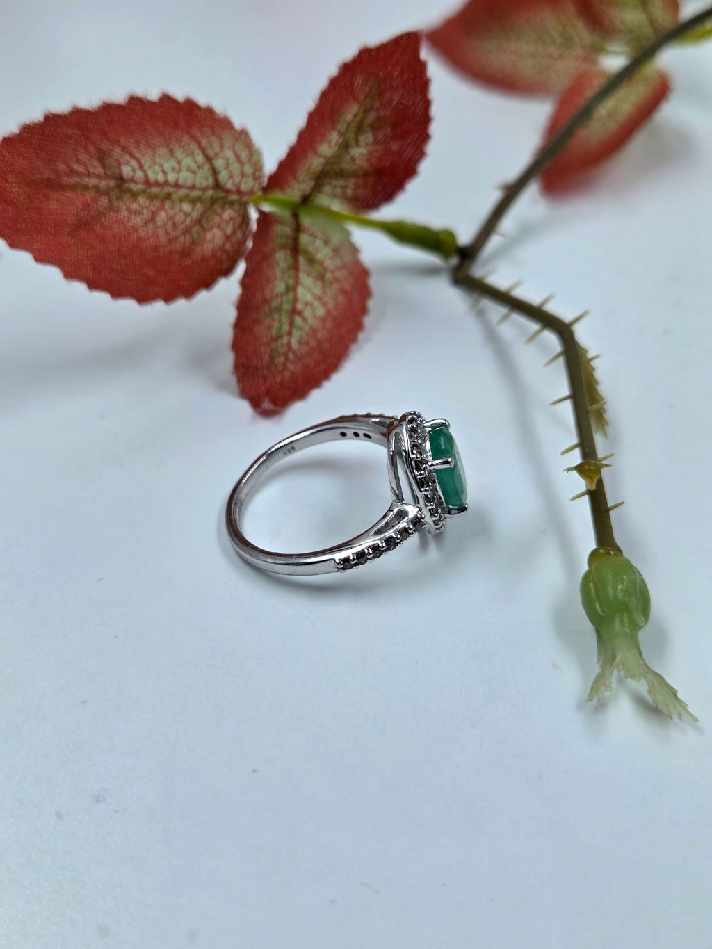Natural Emerald & Natural Diamond Ring – Sterling Silver. (Double Orbit Design)