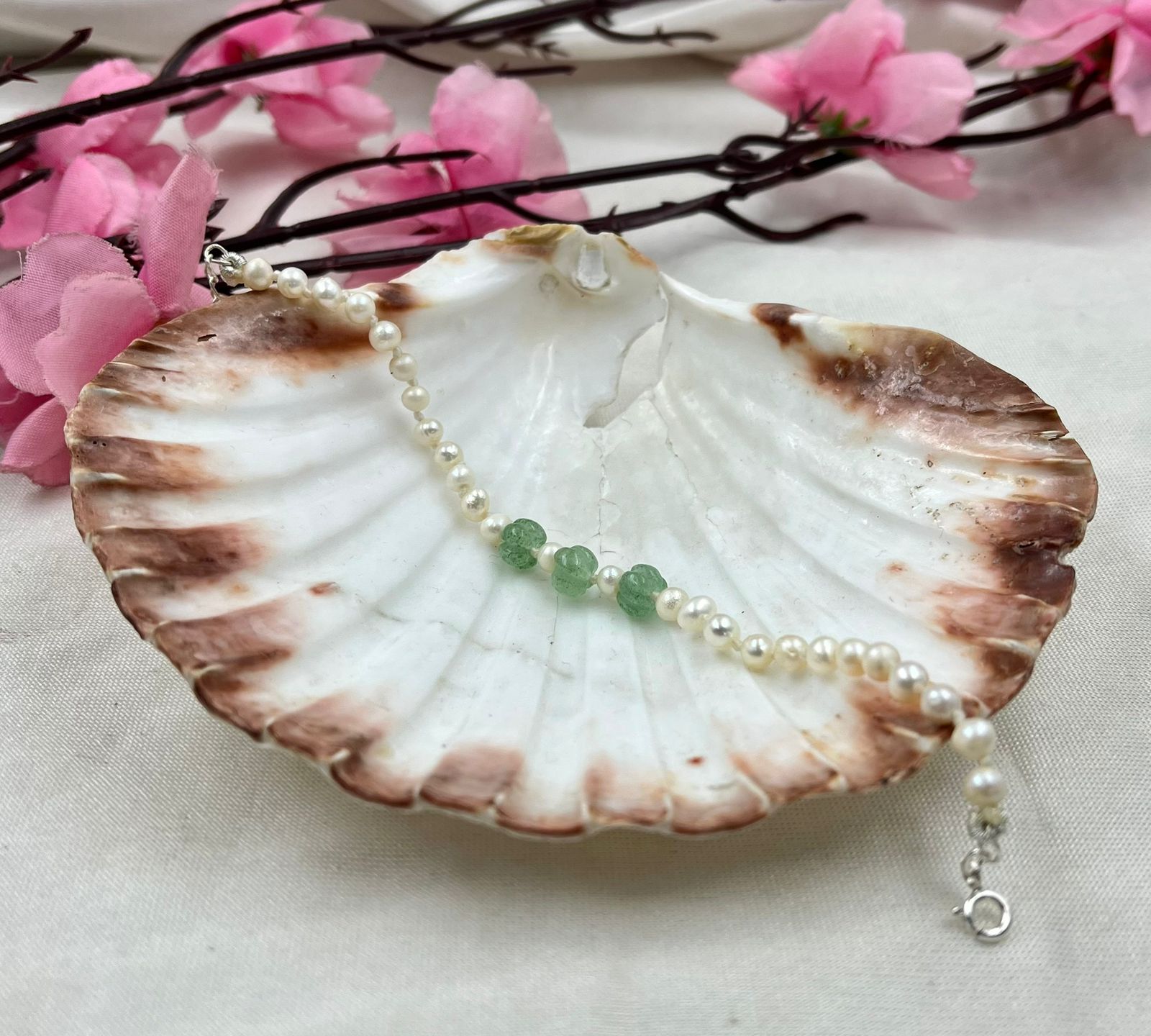 Freshwater Pearl & Strawberry Quartz Sterling Silver Bracelet