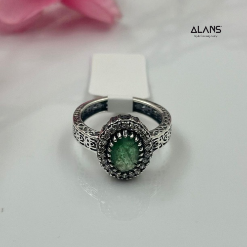 Victorian Look Natural Emerald & Lab-Grown Diamond Ring in 925 Sterling Silver -  With Certificate