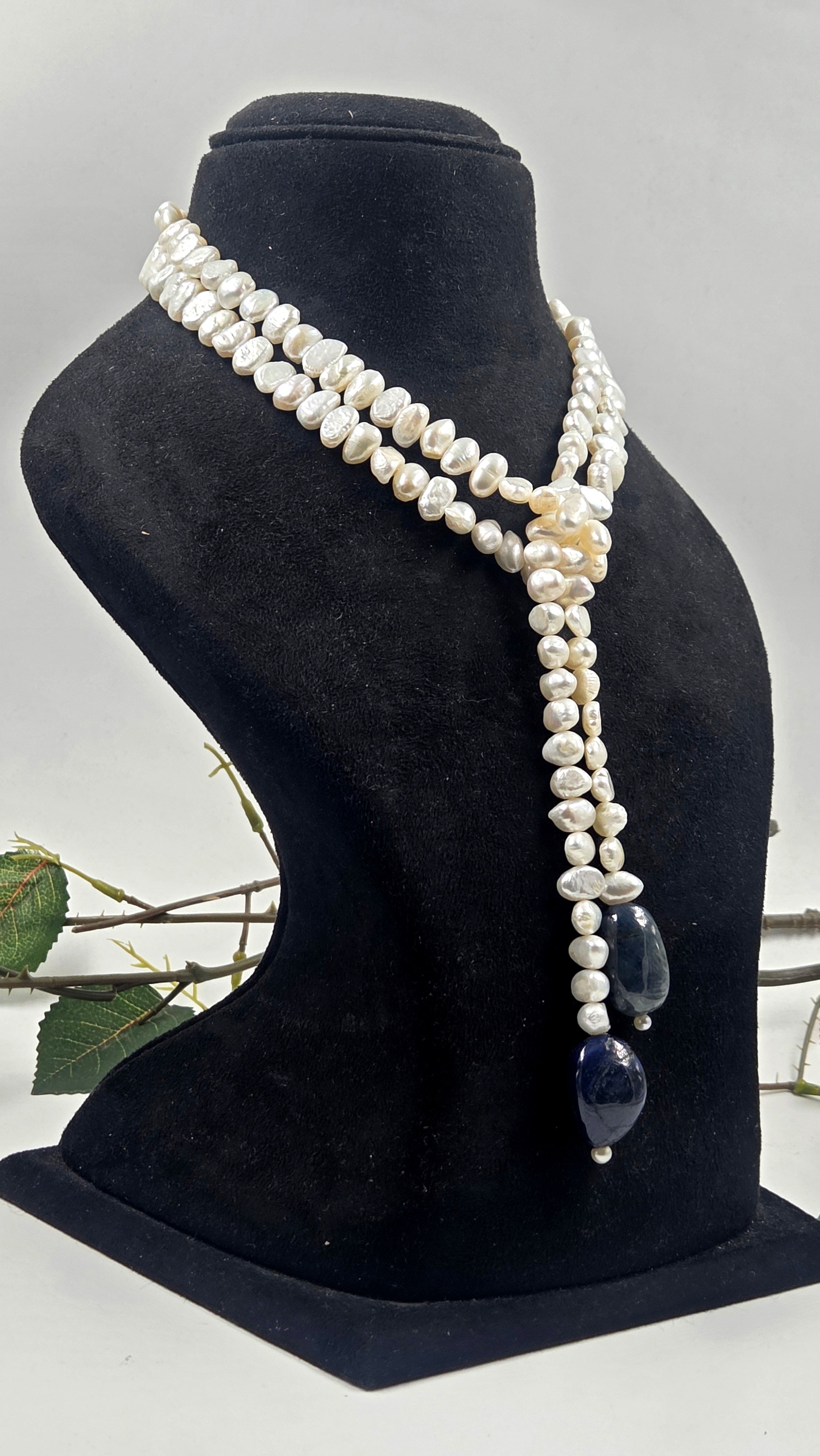 Freshwater Pearl & GF Sapphire Scarf Necklace